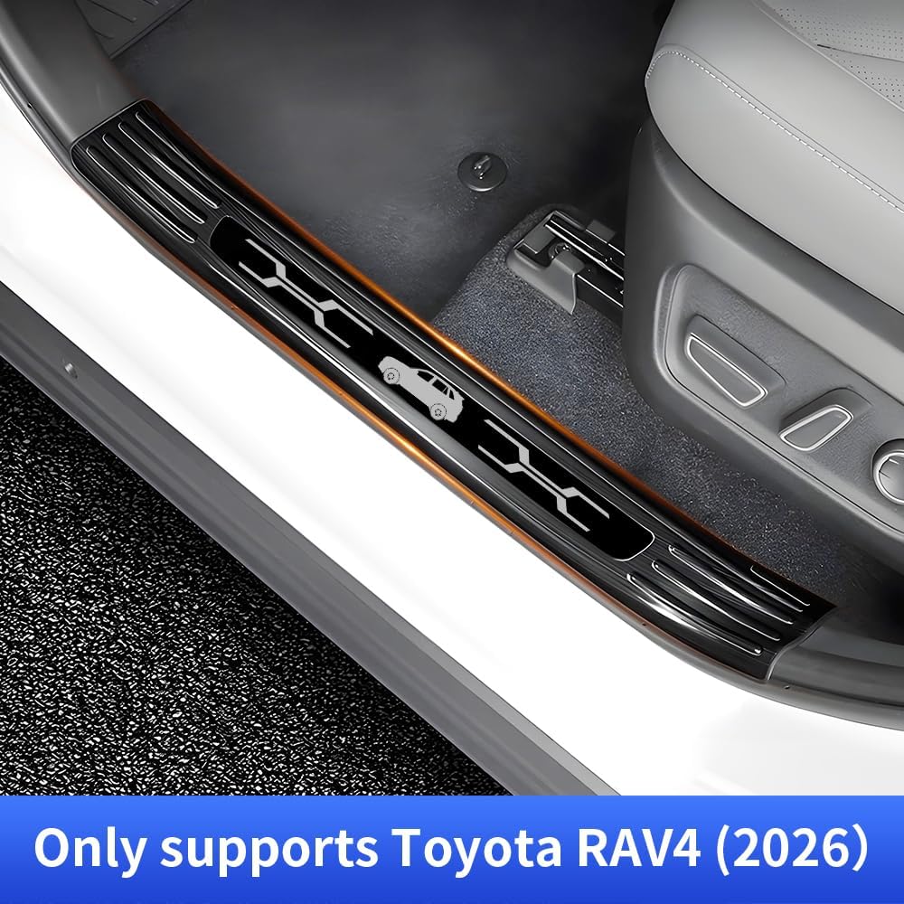 Door Sill Protector Trim for 2026 Toyota RAV4 Accessories Front and Rear Doors Car Pedal Kick Protection Stainless Steel Material，Black Brushed Finish Style Kit 4 PCS Interior Decor Accessory