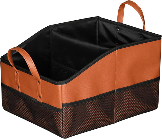 Collapsible Car Seat Organizer with 9 Compartments, Brown | Dividable Partitions, Mesh Pockets, Folds Flat Front/Back Seat & Floor Storage for SUV/Truck Travel