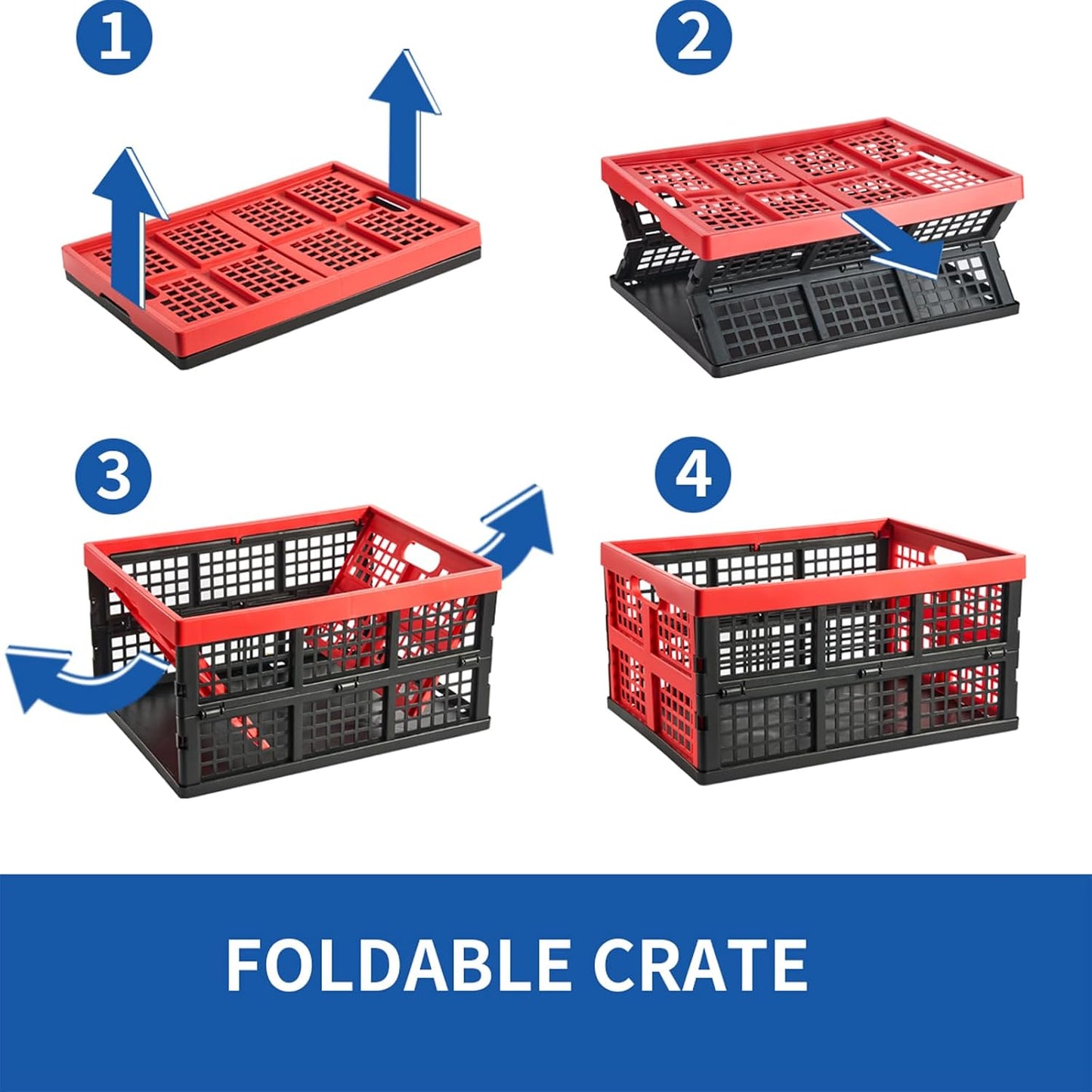 Aebeky 3-Pack Plastic Collapsible Storage Crates-30L,Foldable Plastic Crates for Storage (Black+Red)