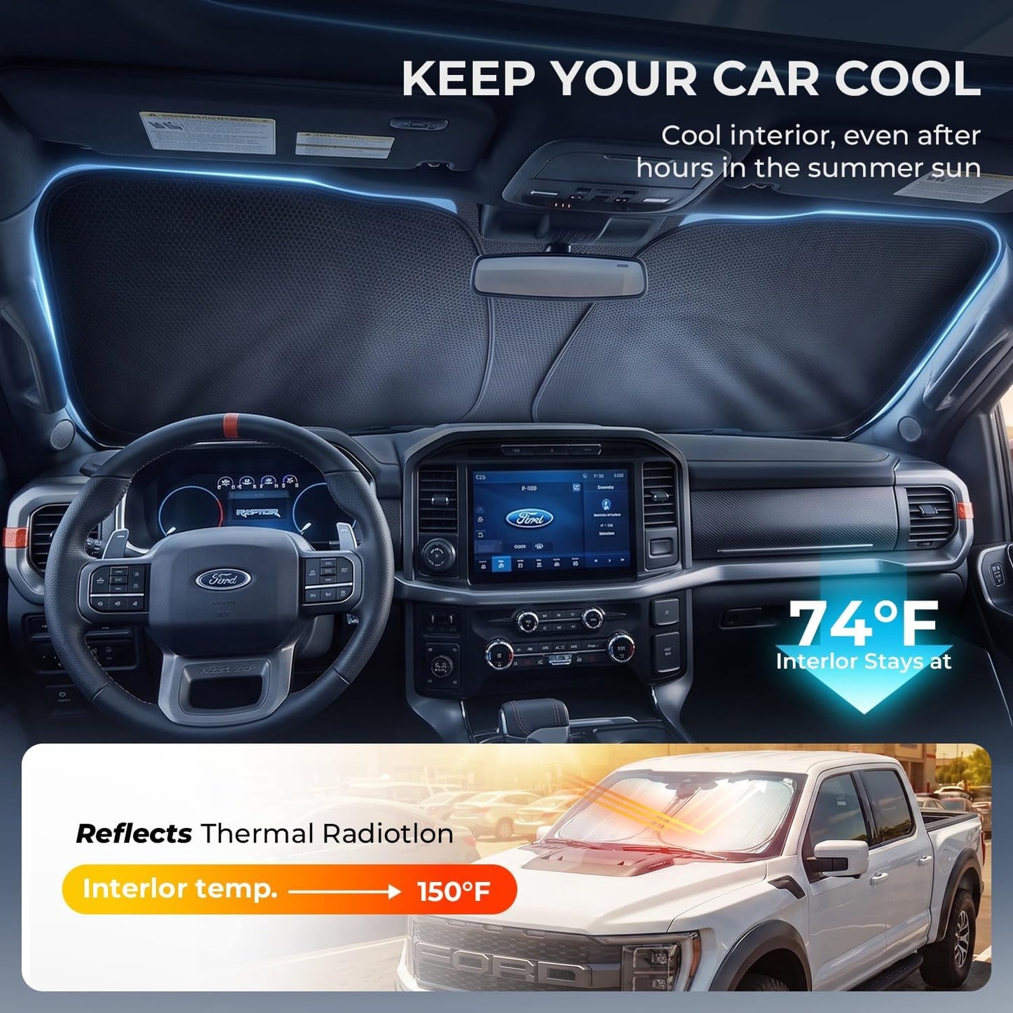 [2026 Upgraded] DooGooCoo Windshield Sun Shade for RAM 1500 2500 3500 2019-2025 2026 [Cooling Ice-Crystal, 100% Sun Block] Car Sun Shade Windshield for Truck RAM 1500 Sun Shade, Custom for RAM Front.