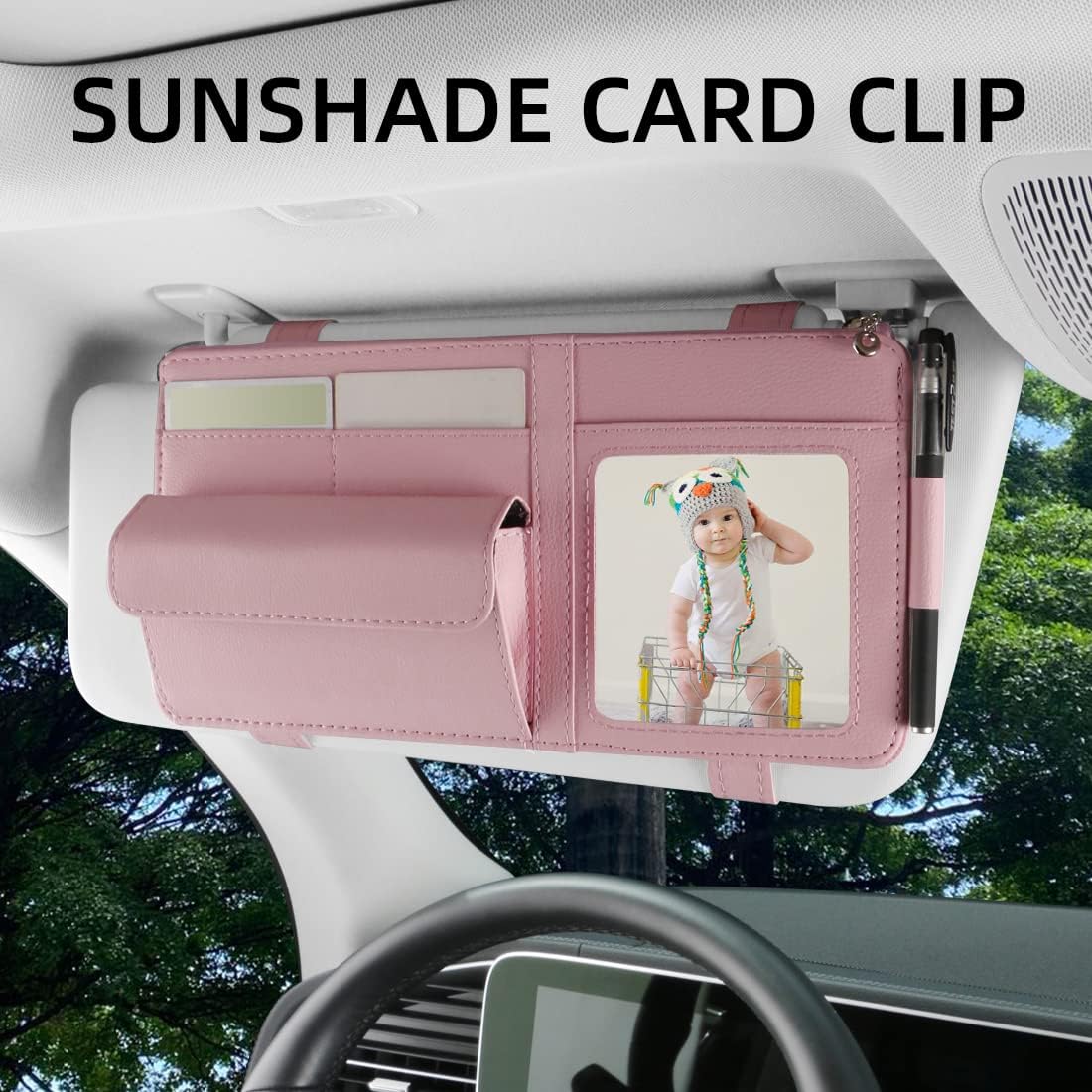 Visor Document Holder for Truck, Car Sun Visor Organizer, Visor Storage Pouch Holder with Sunglasses Clip, Picture Frame, Essential Visor Accessories for Driver Auto Owners Pink