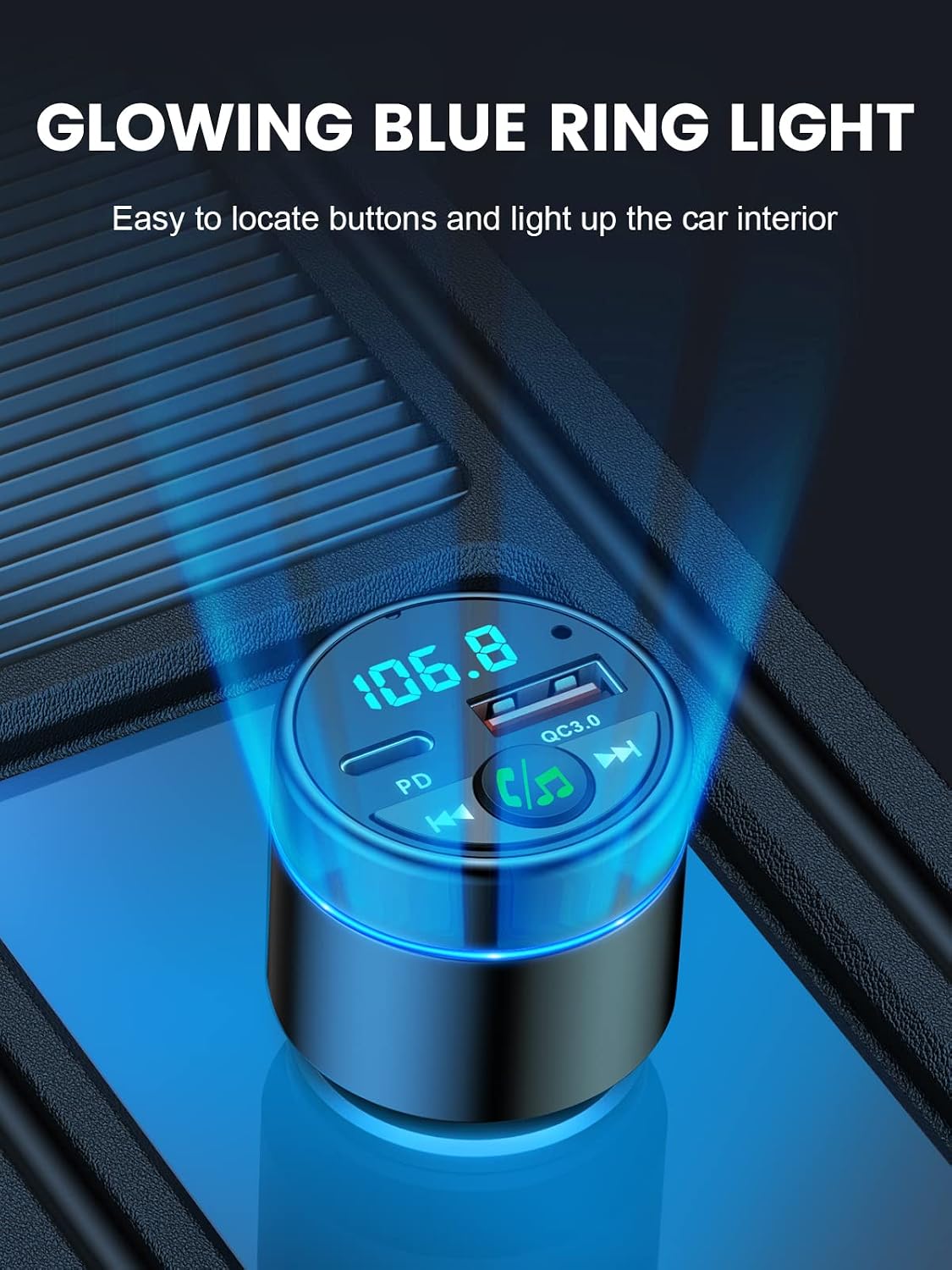 RIWUSI FM Transmitter for Car Bluetooth 5.3, [All-Metal] PD 30W & QC3.0 18W Fast Car Charger, Wireless FM Radio Kit Bluetooth Car Adapter, Noise Cancelling Hands-Free Call, Blue Light - Black