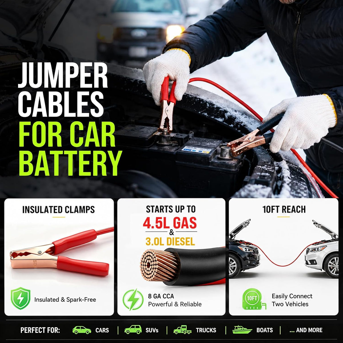 Winter Car Emergency Kit with Jumper Cables, 2-in-1 Detachable Snow Brush