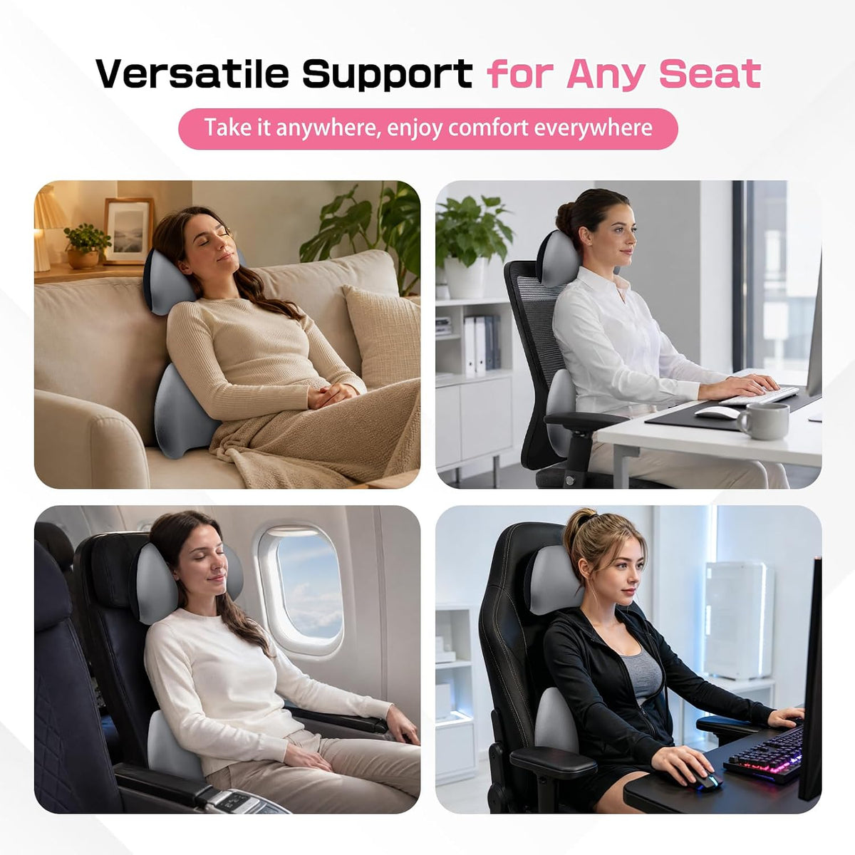 2PCS Car Neck Pillow and Lumbar Support Pillow Set, Ergonomic Memory Foam Back & Neck Support Pillows for Car Seat, Office Chair, Driver Head & Back Cushion and Pain Relief (Gray)