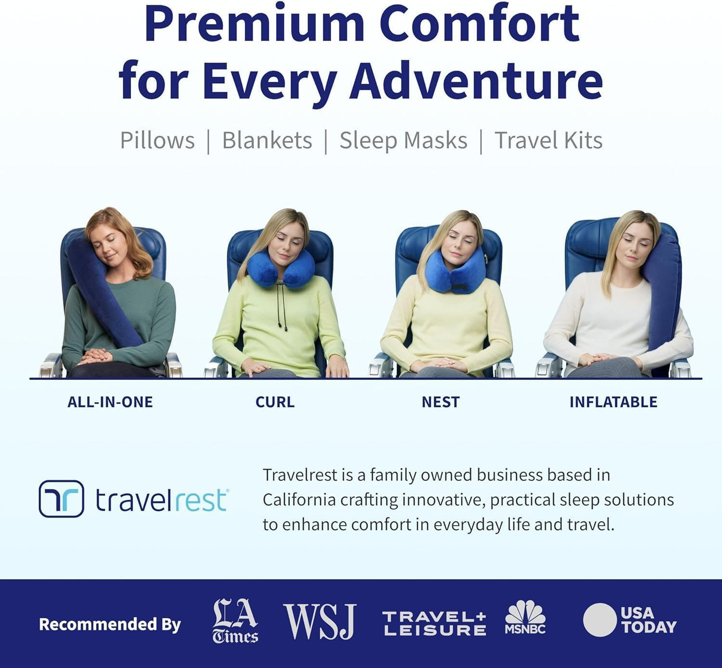 TRAVELREST Sleep Neck Pillow Travel - Travel Essentials, Memory Foam, Neck Support Pillow for Long Flight, Plane Sleeping Accessories, Anti-Slip and Comfortable, Washable, Attaches to Luggage - Blue