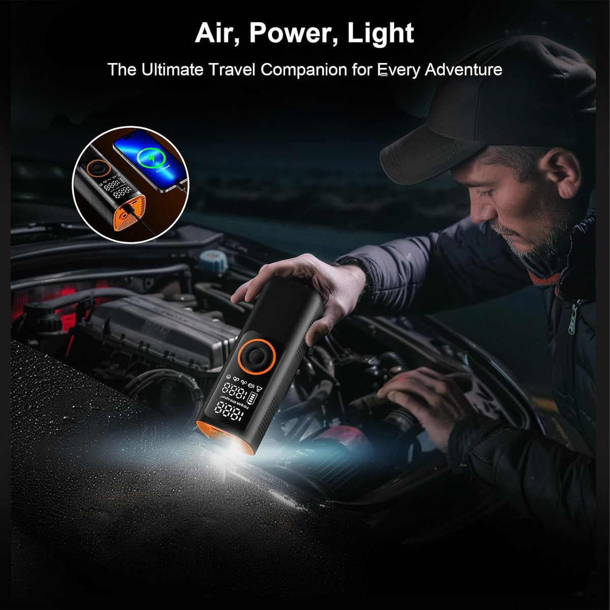 Tire Inflator Portable Air Compressor - 7800mAh Air Pump for Car Tires, 150PSI Cordless Tire Pump with Pressure Gauge & LED Lights - 4X Faster for Car, Motorcycle, Balls and Bicycle, Black