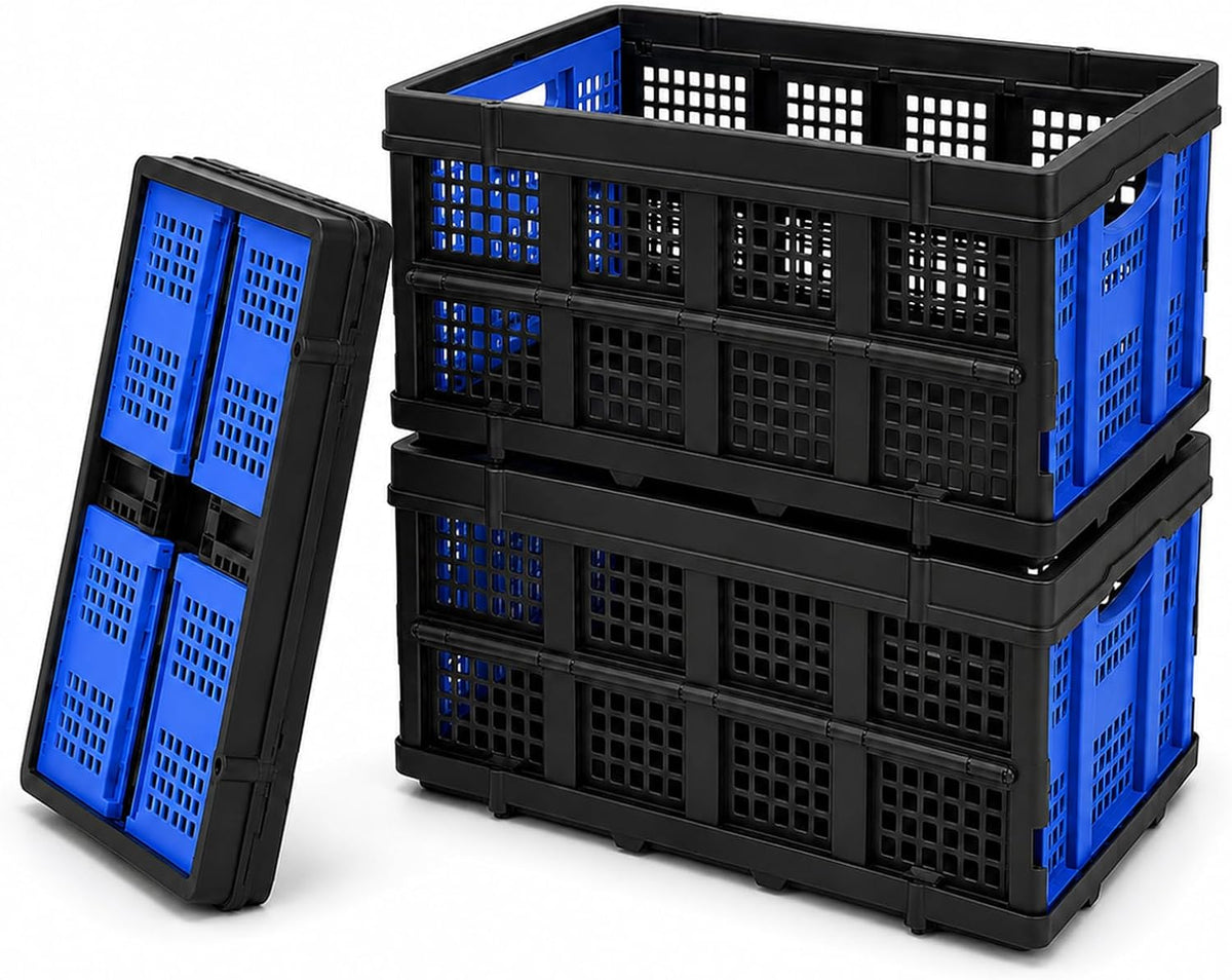 Collapsible Storage Crates 3 Pack, Stackable Foldable Storage Bins for Garage, Car Trunk, Warehouse & Home Organization, Heavy Duty Plastic Utility Crates, 49L, Blue