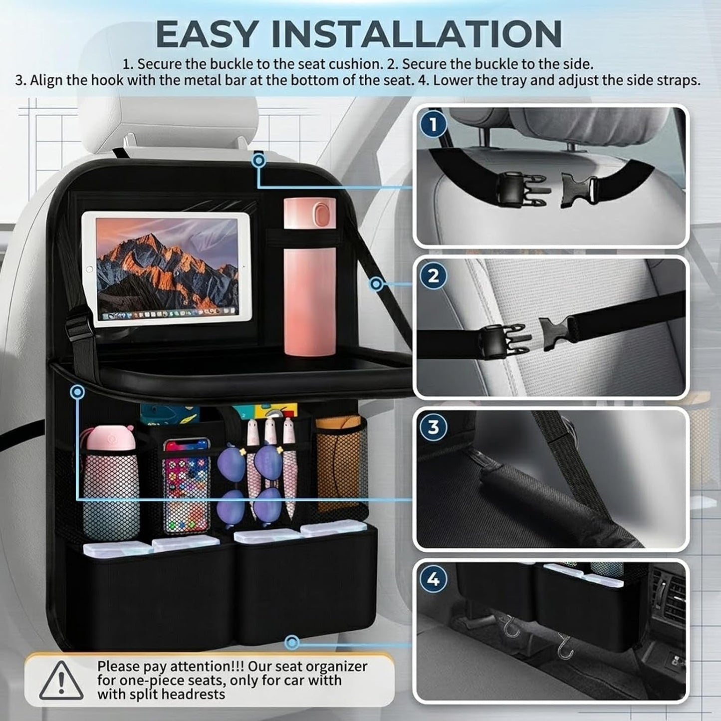 2 in 1 Hanging Backseat Car Organizer,Waterproof Back Seat Car Organizer | with Table Trays,Multifunctional Cars Seats Backs Organizers as Kick Mats Back Seat Protector for Vehicles