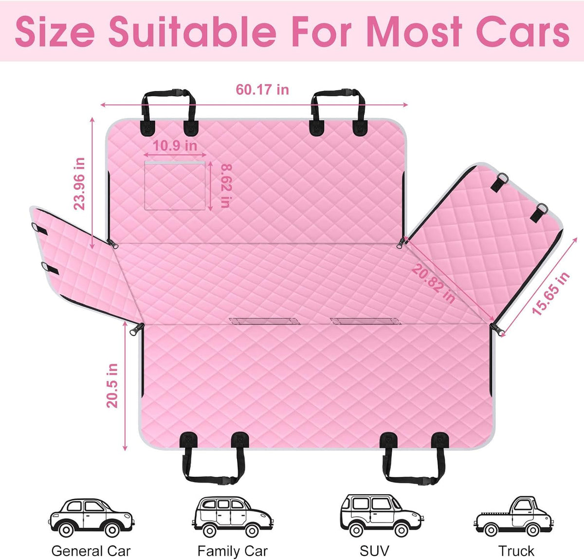 Waterproof Dog Car Seat Cover for Back Seat, Pet Hammock- L, Pink/Grey | Durable waterproof hammock with nonslip design & storage pockets. Protects seats from scratches, fits cars, SUVs & trucks.
