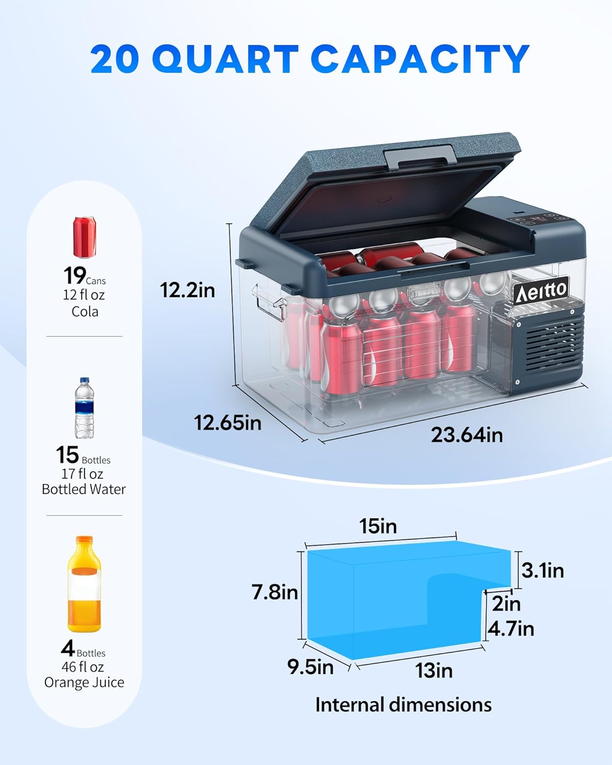 Aeitto 12 Volt Car Refrigerator 20Quart Car Fridge Freezer Electric Cooler Portable Cooler 12V Fridge RV Refrigerator -4℉-68℉ Temp Control 12/24V DC & 100-240V AC for Travel, Camping, RV, Road