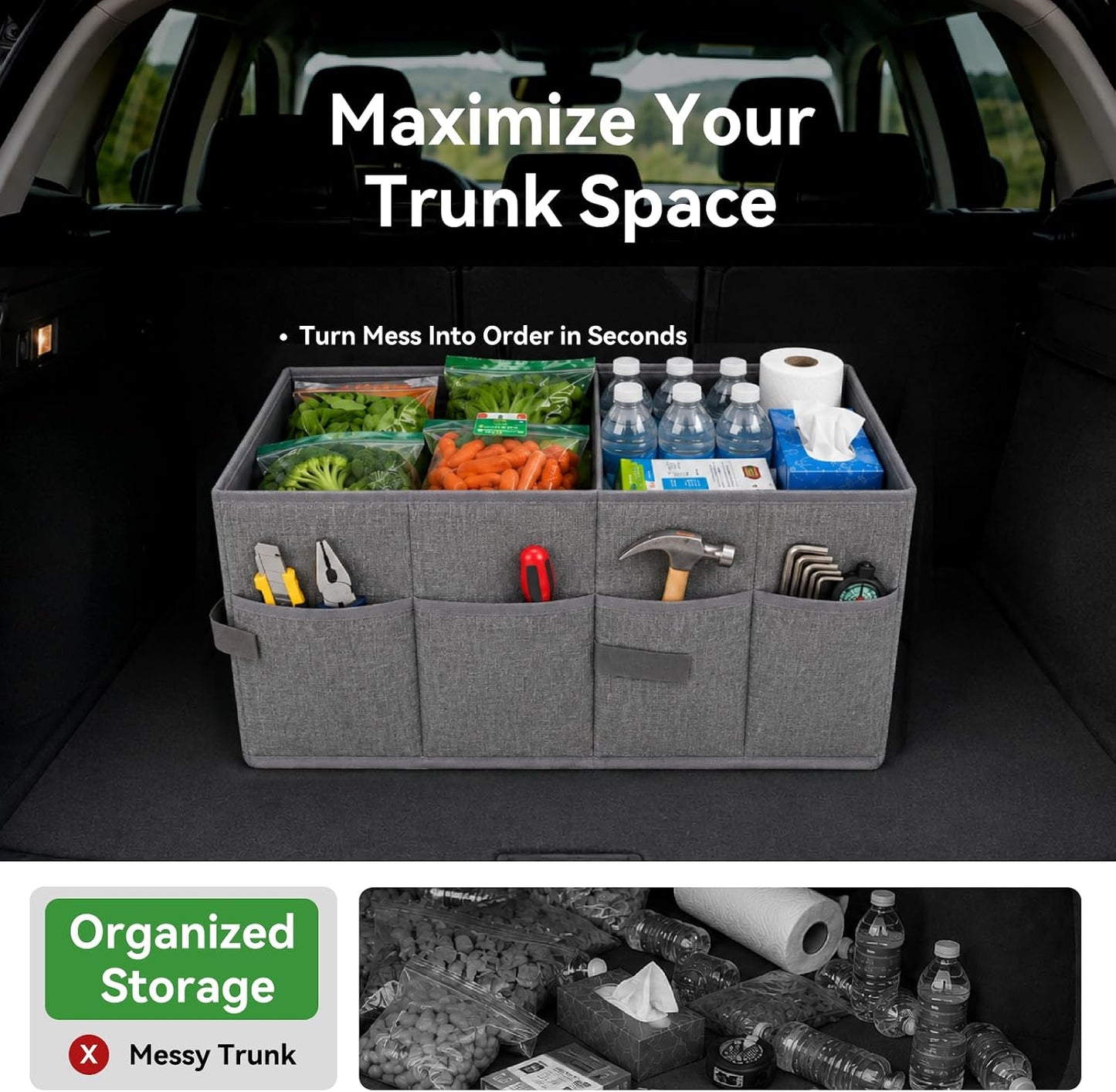 PAT SAM'S Car Trunk Organizer for SUV, Foldable Collapsible Storage Organizer with Dividers, Non-Slip Waterproof 600D Oxford, Backseat & Trunk Storage for Groceries, Tools, Toys (Gray)
