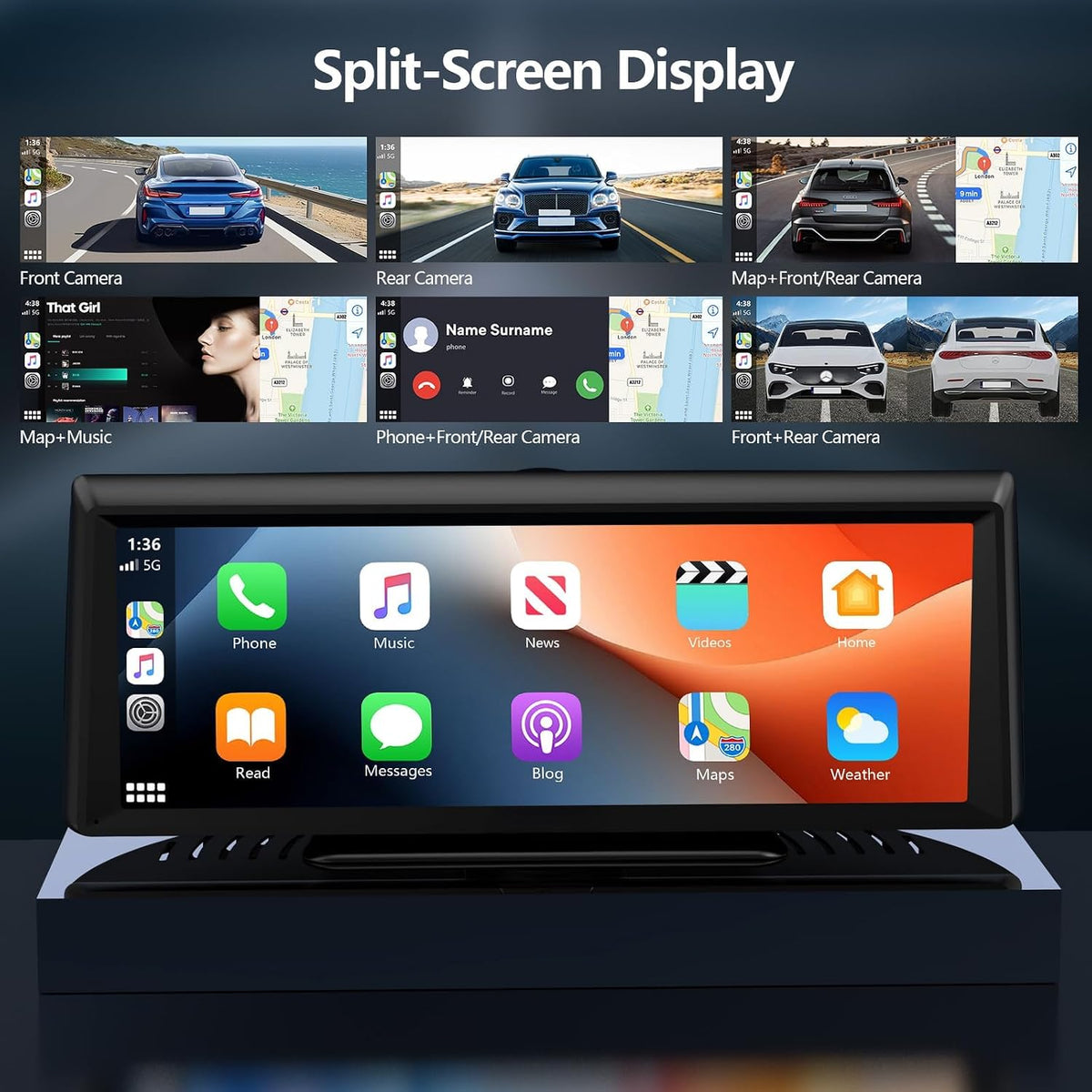 8.1" Portable Wireless Carplay Screen for Car, 2K Dash Cam & 1080P Backup Camera, Touchscreen Car Stereo with Apple Car Play/Android Auto, GPS, Bluetooth, Mirror Link, Voice Control for All Vehicles
