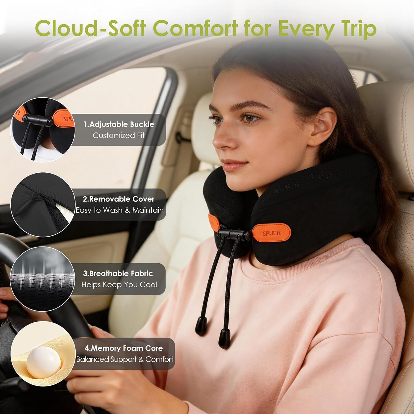Premium Travel Pillow for Airplanes, Ergonomic Neck Pillow for Long Flights | 100% Pure Memory Foam Travel Neck Pillow with 360° Neck & Chin Support, U-Shaped Airplane Pillow, Petal-Shaped Support