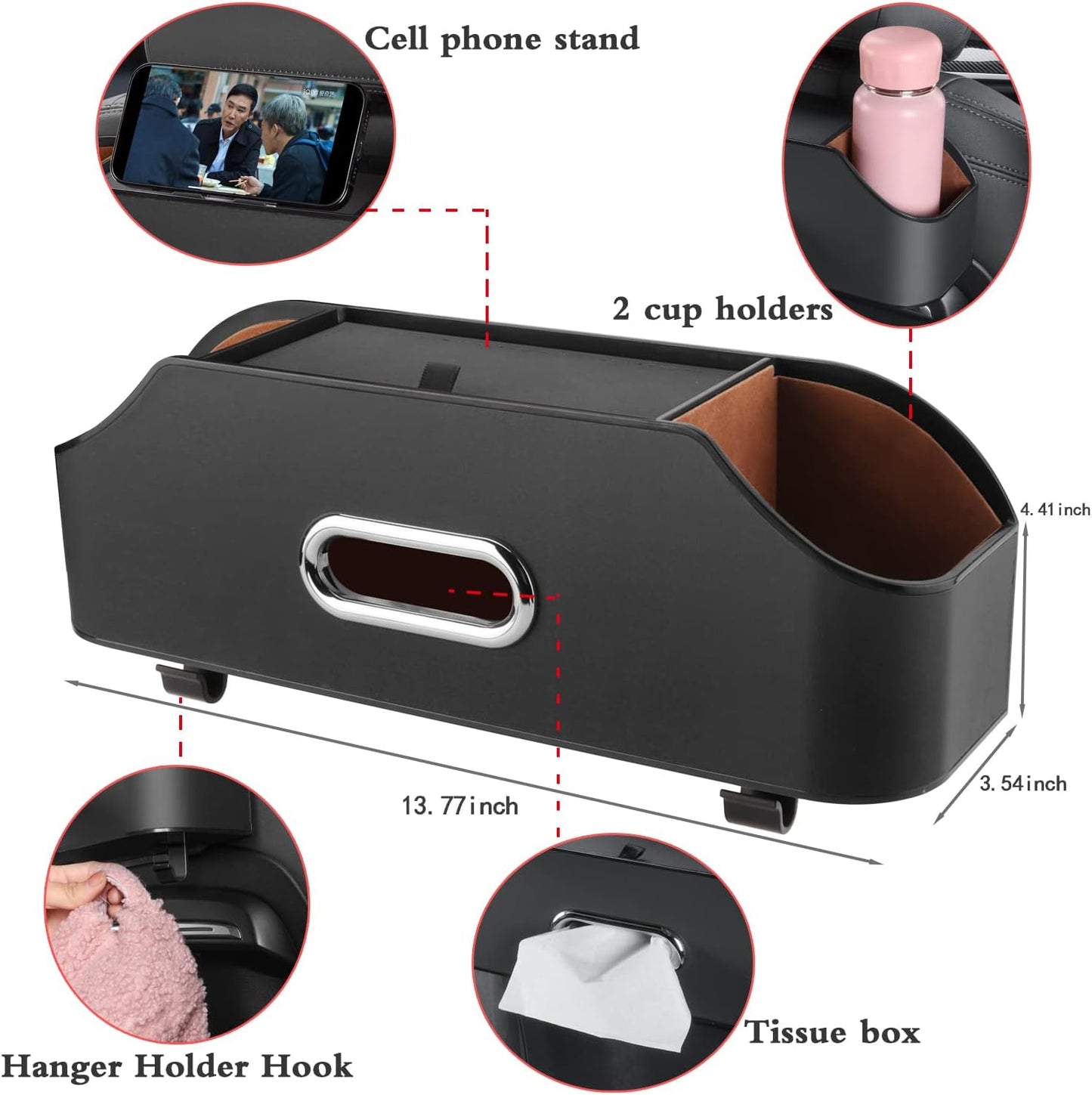 Car Seat Back Organizer - Stylish &amp; Functional Storage for Family Adventures - Cup Holders, Tissue Box &amp; Hooks - Perfect for Kids, Road Trips &amp; Travel (Black)