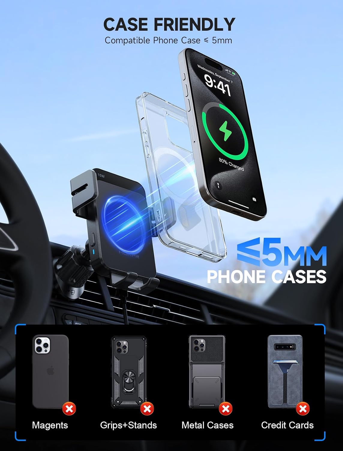 Wireless Car Charger 15W Auto Clamping Phone Holder Dash Windshield Vent