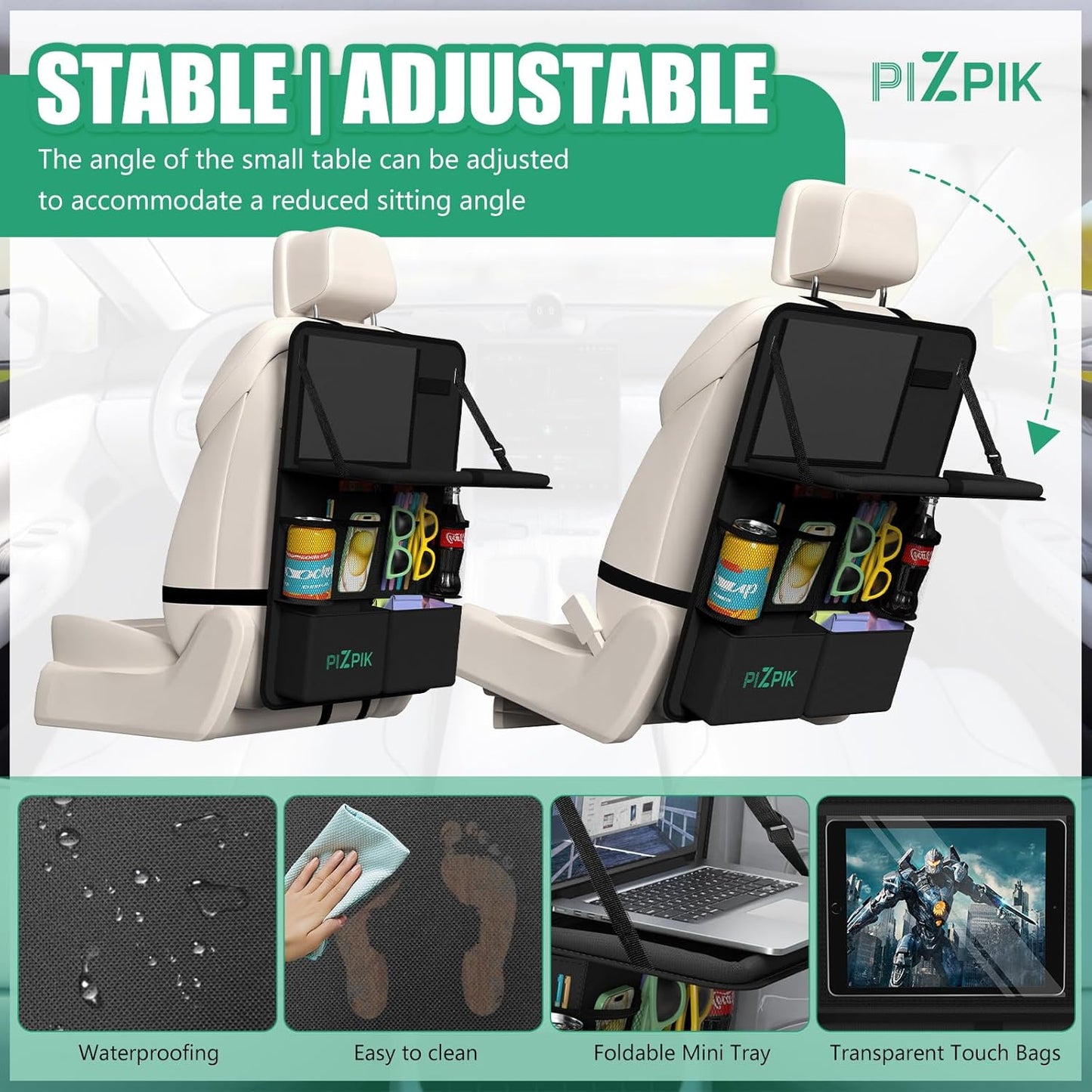 Plzpik Car Backseat Organizer with Tray(1Pack),13Storage Pockets with Foldable Food Tray, Protector Kick Mats for Kids, Travel Accessories Organizer (Black)