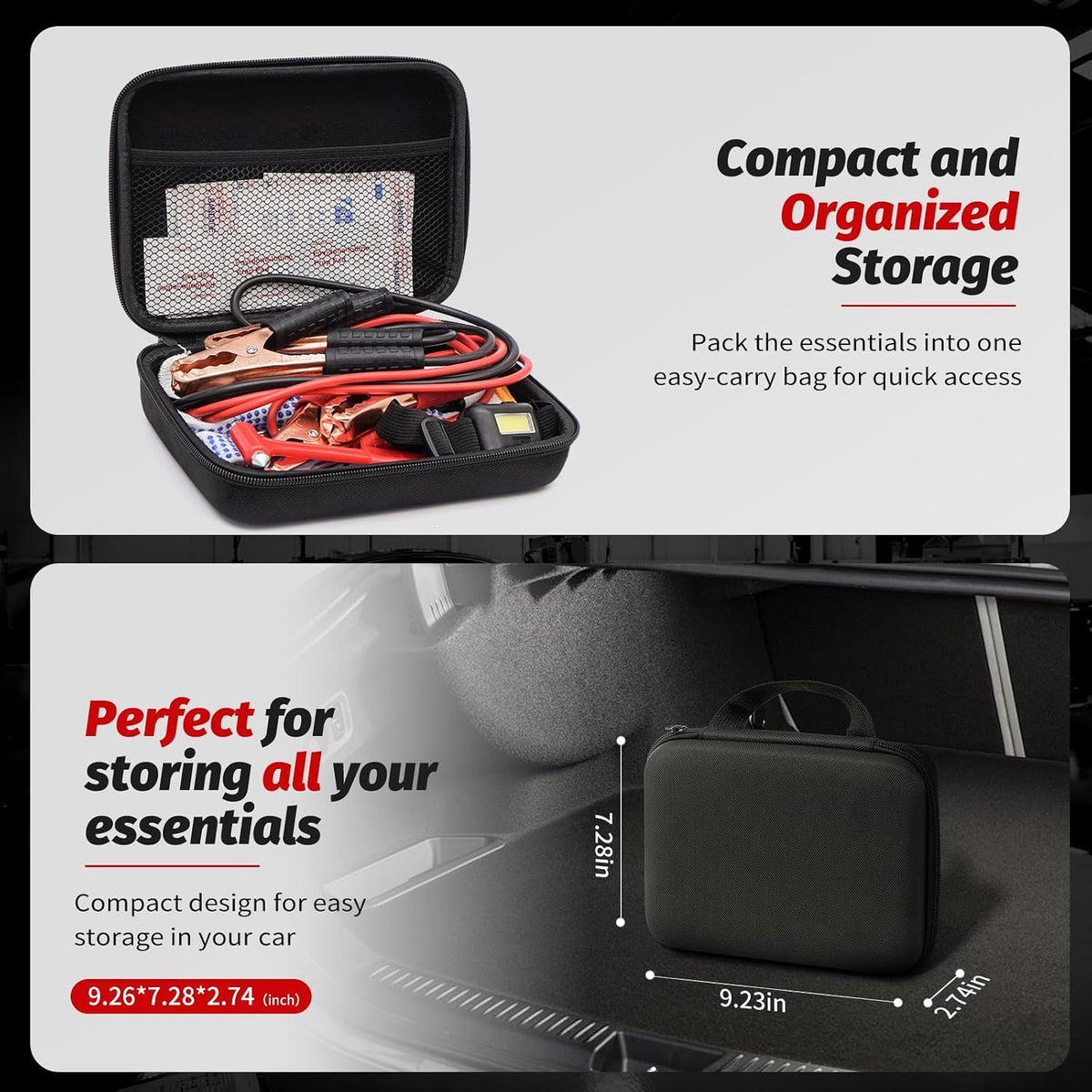 Car Emergency Kit with Jumper Cables, Gloves, Rainwear, Tire Gauge and Headlamp, Roadside Safety Kit for Vehicles with Reflective Vest and Safety Accessories