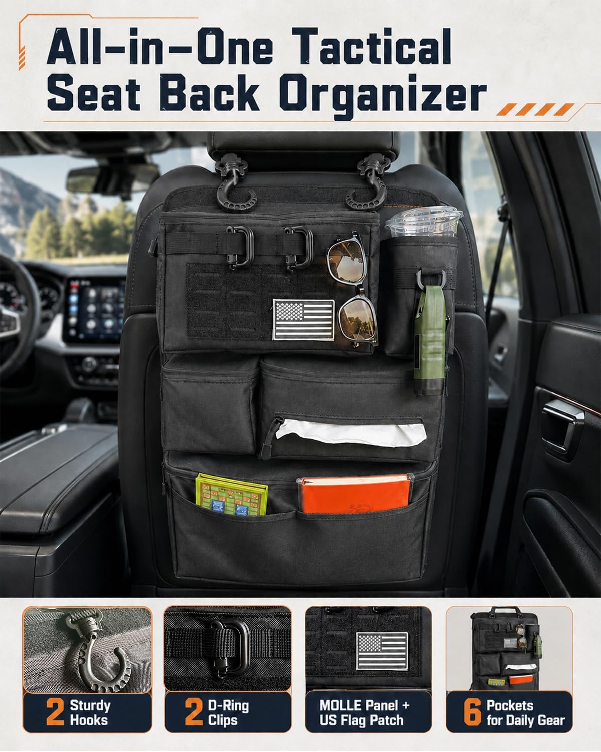Backseat Car Organizer, Tactical MOLLE Seat Back Organizer with 6 Pockets