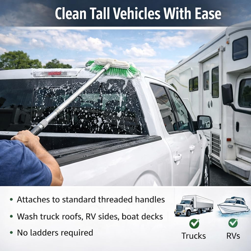 Hi-Tech 10” Bi-Level Super Soft Car Wash Brush – Non-Scratch Soft Bristle Cleaning Brush for Cars, Trucks, Boats & RVs, Multi-Surface Exterior Brush with Threaded Handle Compatibility