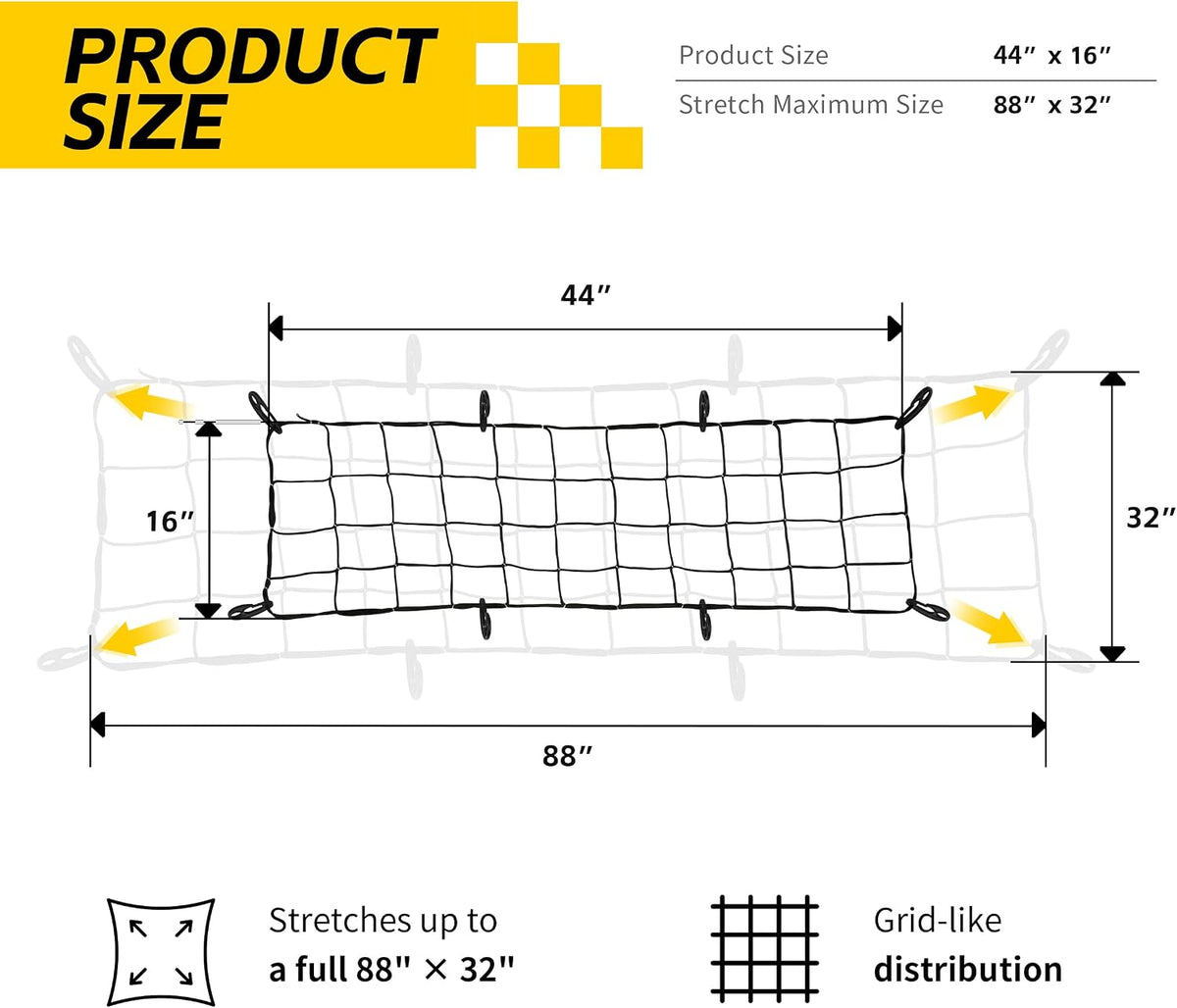 MaxxHaul Heavy-Duty Cargo Net – 44" x 16" Stretches to 88" x 32" – Tight 4" Mesh with 8 PP Hooks – Truck & SUV Bed Net, Trailer & Roof Rack Cargo Accessory