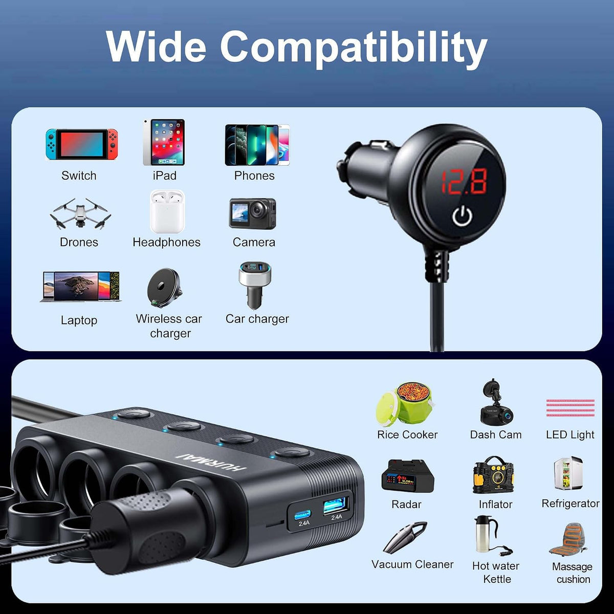 Cigarette Lighter Splitter 216W 4 Socket USB C Car Adapter for Truck SUV