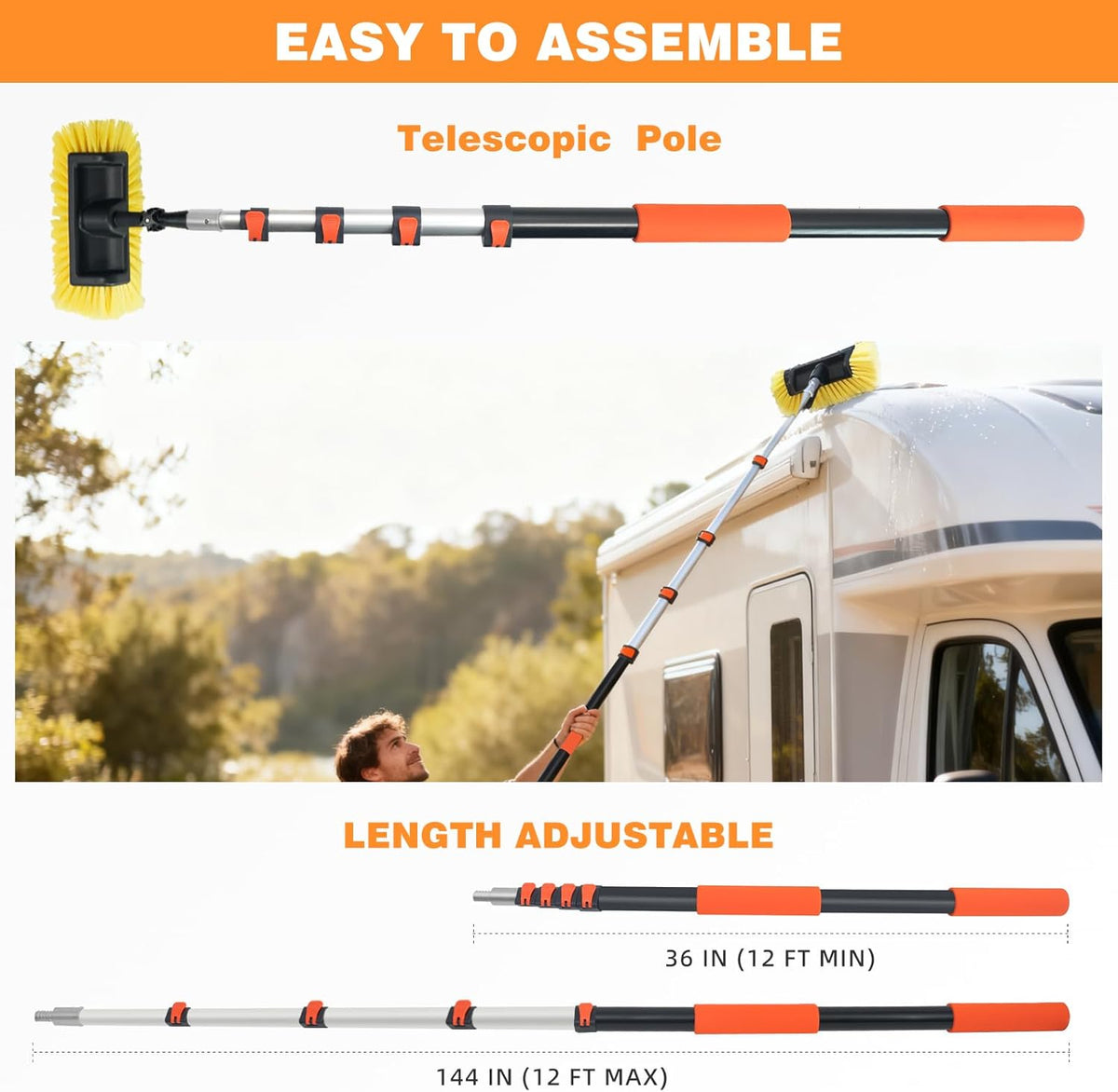 12FT Car Wash Brush with Long Handle Telescoping Extension Pole Angle Adapter with 12" Soft and Hard Bristle Scratch-Free for Cleaning Car Truck RV House Floor Window Roof Solar Panels