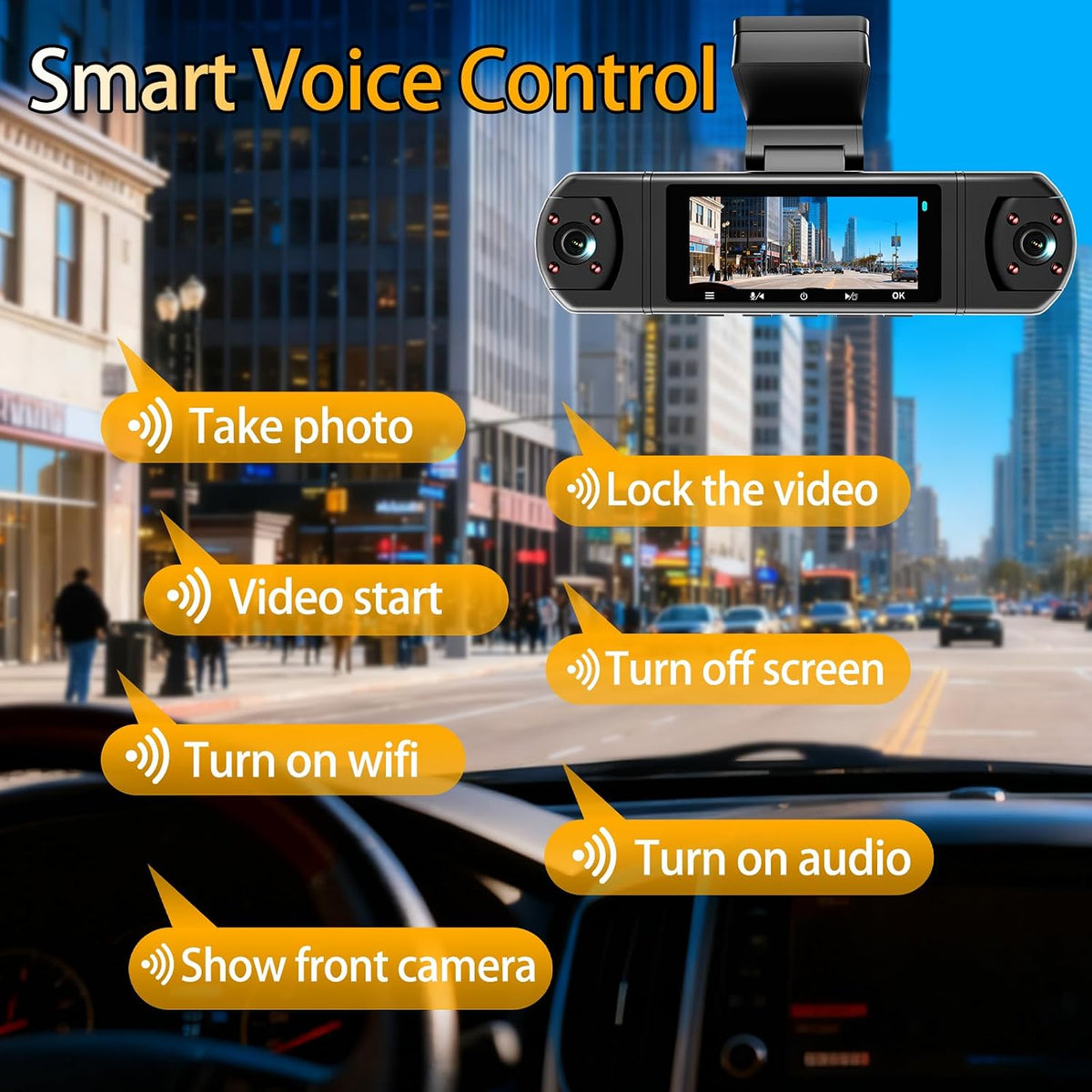 M998-3K Dash Camera for Cars,360° View 3K Front +Rear&Left & Right 1080P x3, 4 Channel Dash Cam, Voice Control,WiFi & APP Control,8 IR Lamps Night Vision,Free 64GB SD Card,G-Sensor,Parking Mode