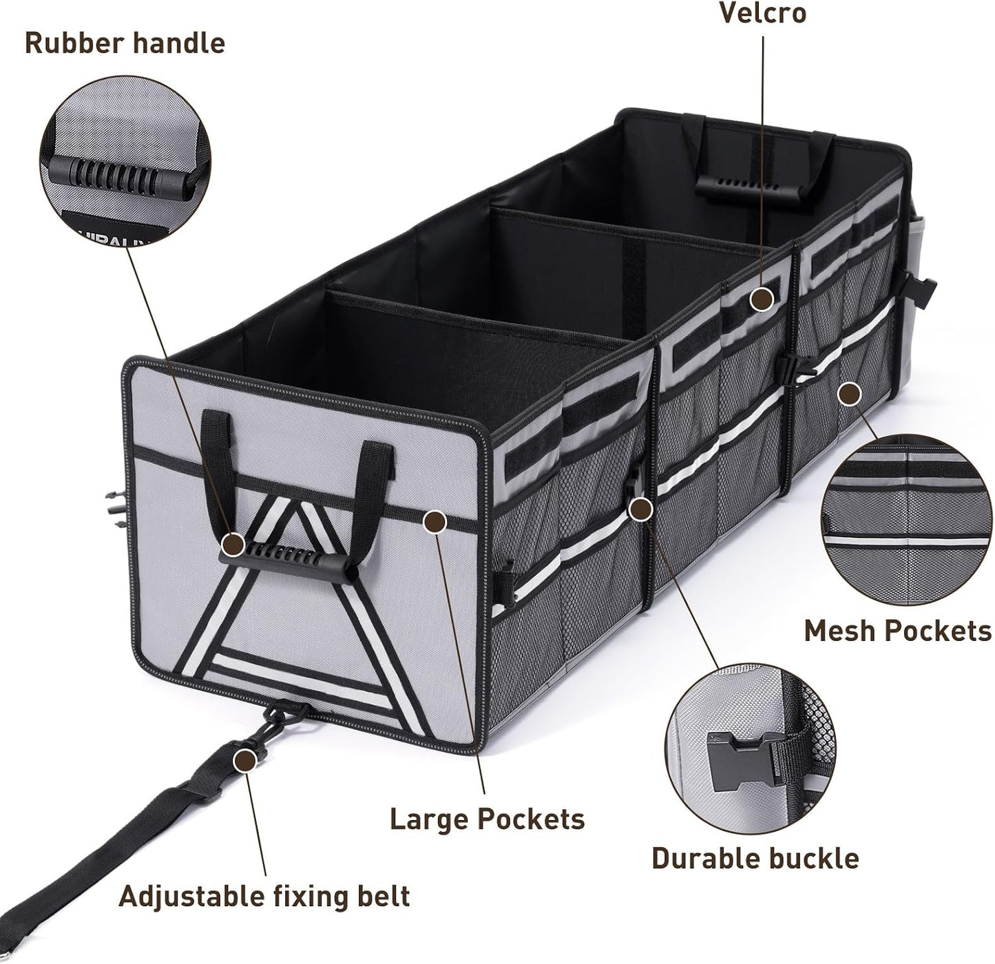 HIRALIY 4 in 1 Car Trunk Storage Organizer with Leakproof Cooler Bag, Multi-Compartment Foldable Trunk Storage Box for Car Truck SUV Gray