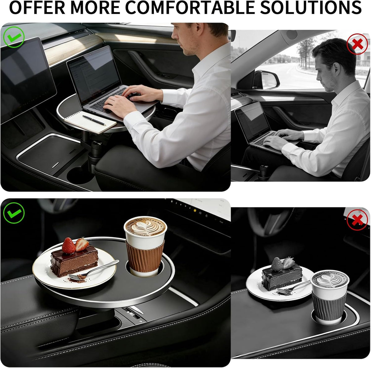 Car Tray and Cup Holders, 360° Rotating Car Desk for Laptop, Steering Wheel Tray, Car Food Tray Table for Eating, Automatic Center Console Cup Holder Universal Fit (Car Tray-Black)