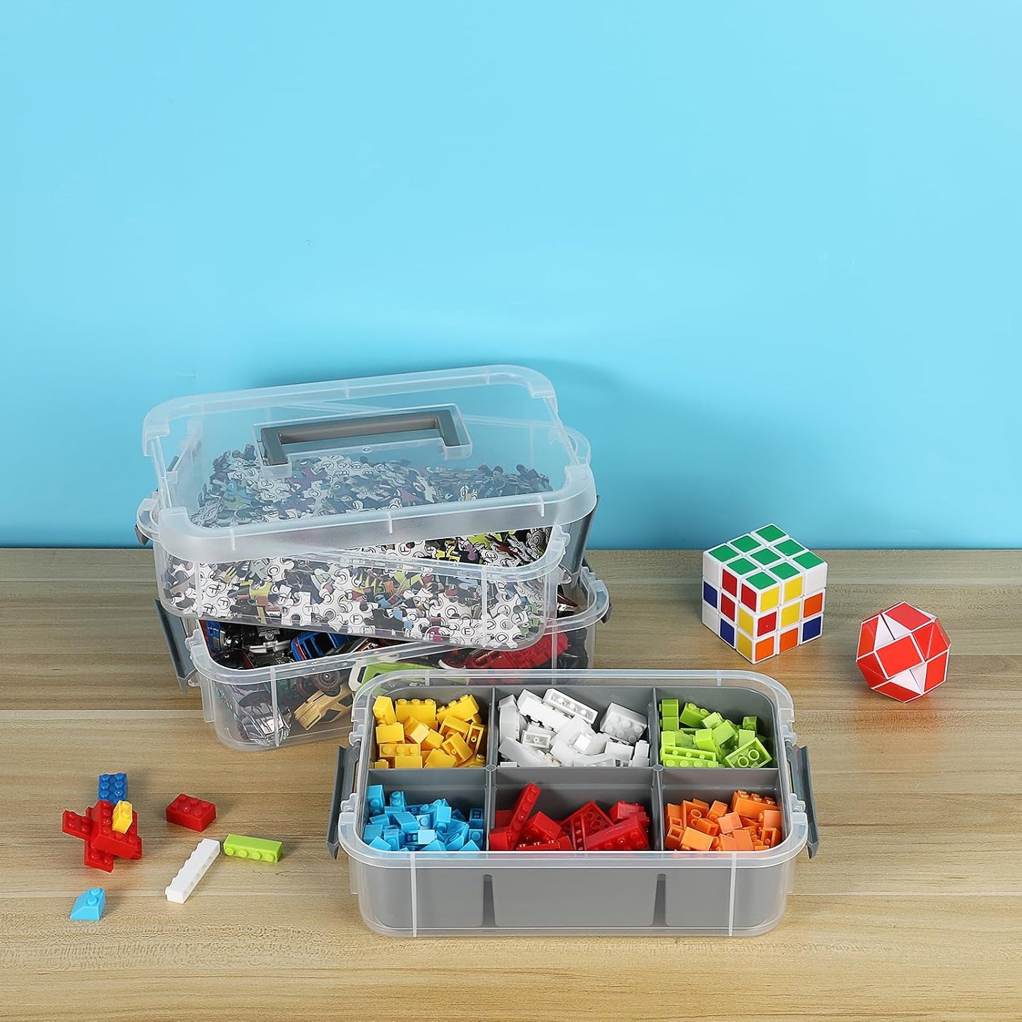 JUXYES 3-Tiers Plastic Stack Carry Storage Containers Box wih Handle Lids | 2 Pack Clear Stackable Craft Storage Bin for School &amp; Office Supplies, Organizing Stationery, Sewing, Art Craft, DIY Supplies