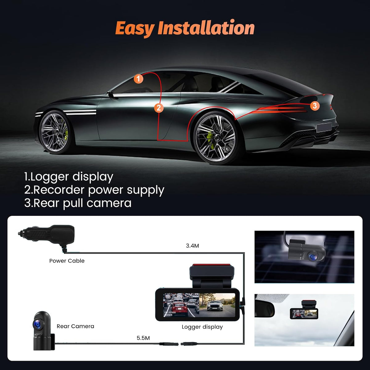 3.16" 4K Dual Dash Cam, Front 4K+Rear 1080P
