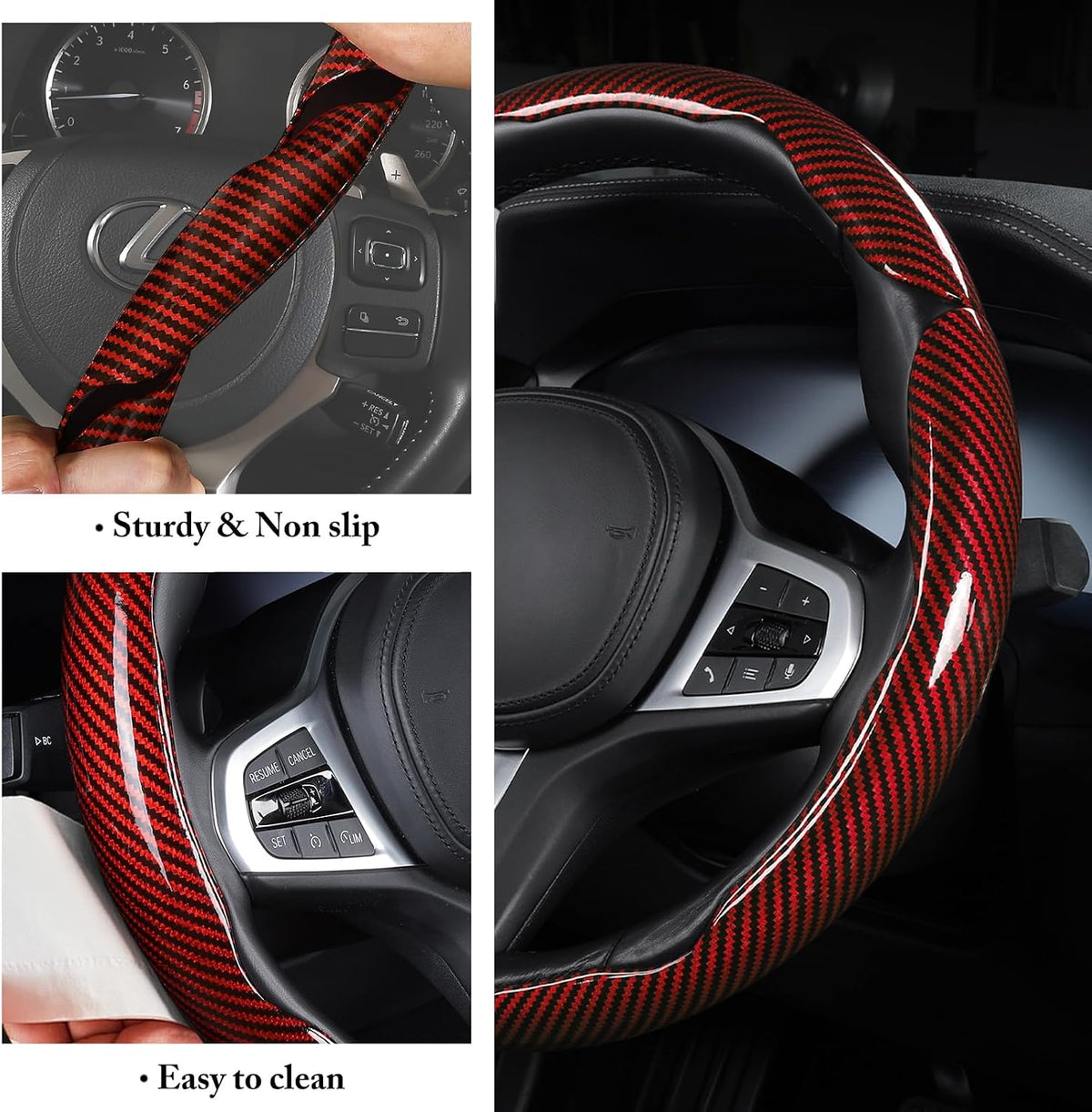 Carbon Fiber Steering Wheel Cover Universal 3pcs Protector Glossy Red