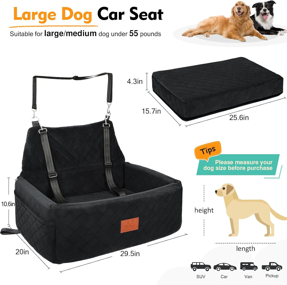 NEEZUKAR Dog Car Seat for Large Medium Dogs,Portable Washable Pet Car Seat Under 55 lbs,Dog Booster Seat with Thick Cushion,2 Safety Leashes Travel Car Dog Bed