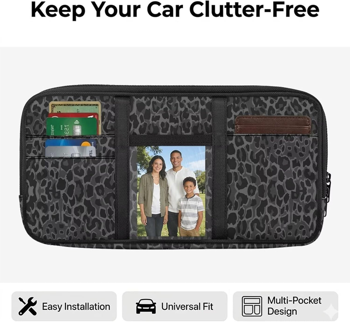 Jeiento Black Leopard Car Visor Organizers Accessories Black Cheetah Animal Skin Print Auto Sun Visor Multi-Pocket Storage Pouch Glasses Holder,Document, Card, Driver License Organizer Universal Fit