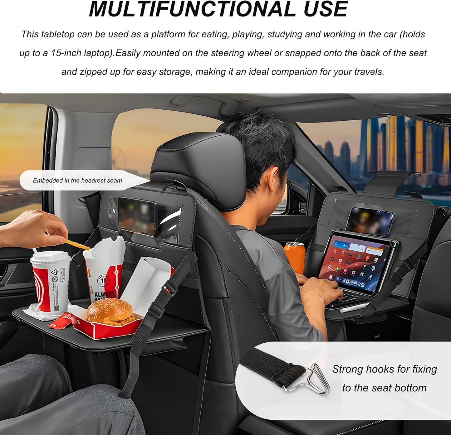 Car Steering Wheel Tray, Foldable Car Laptop Desk Eating Food Tray with Transparent Holder & Tissue Box, Adjustable Back Seat Headrest Table for in-Car Dining Working Studying (Beige)