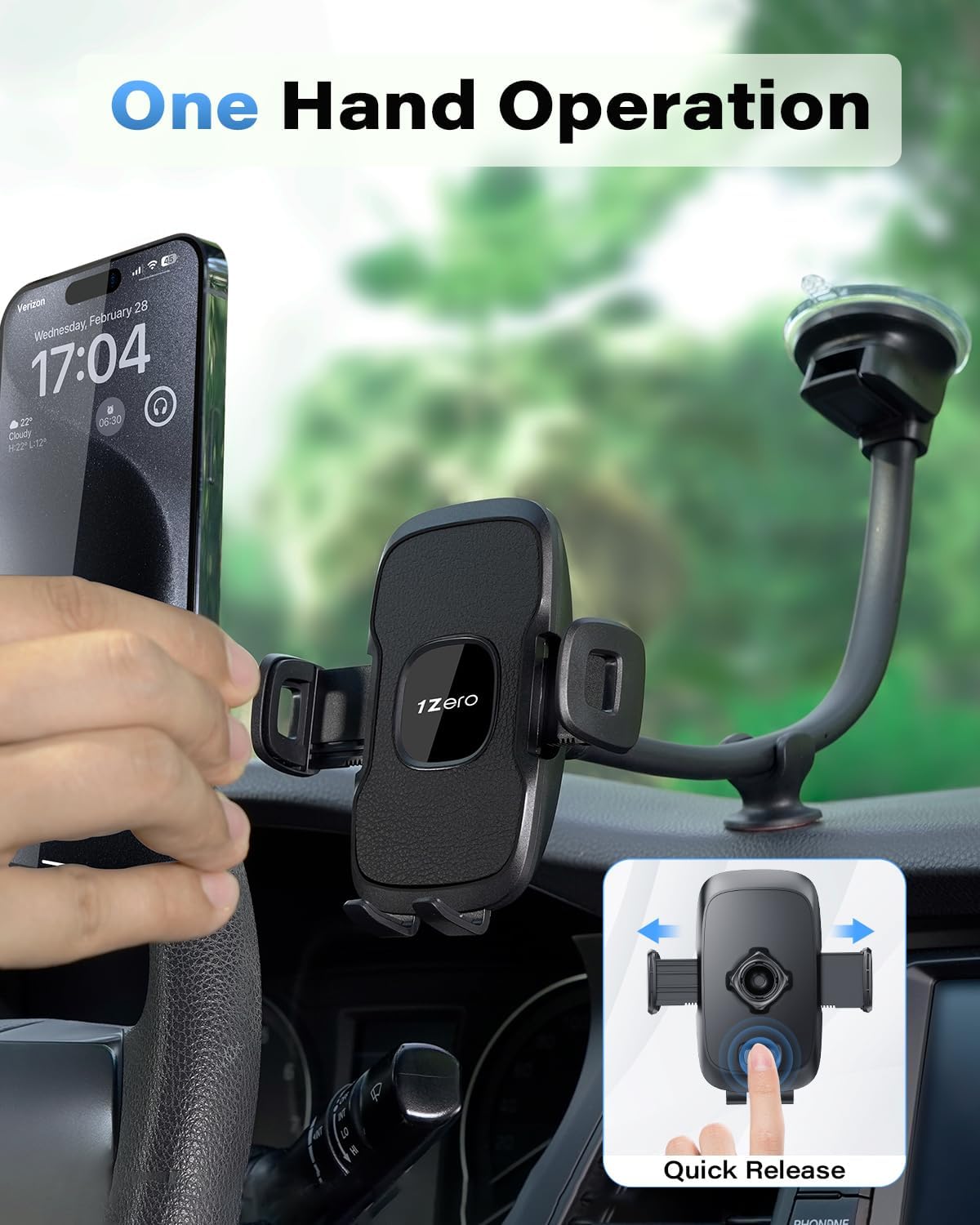 1Zero Solid Car Truck Phone Mount Holder Black with 14" Gooseneck Long Arm