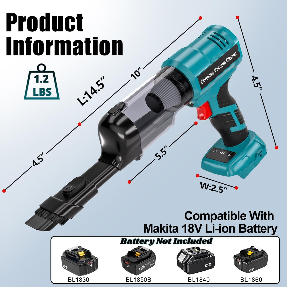 Cordless Handheld Vacuum Cleaner for Makita 18V Battery: 3-Speed Modes Portable Vacuum with 20kPa 105AW Powerful Suction for Car, Pet Hair, Home Cleaning (Tool Only)