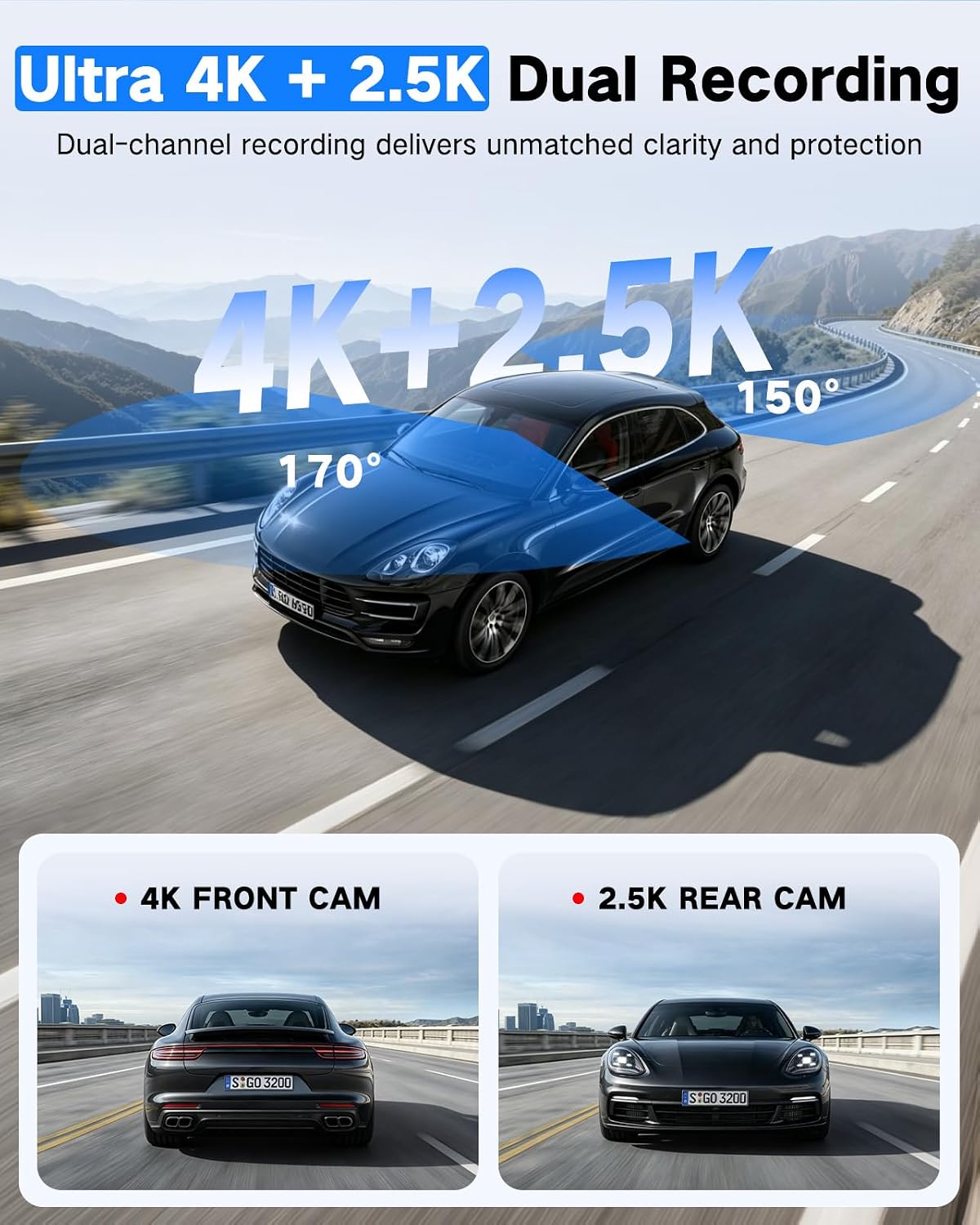 4K+2.5K Dual Dash Cam Front and Rear with 64GB Card