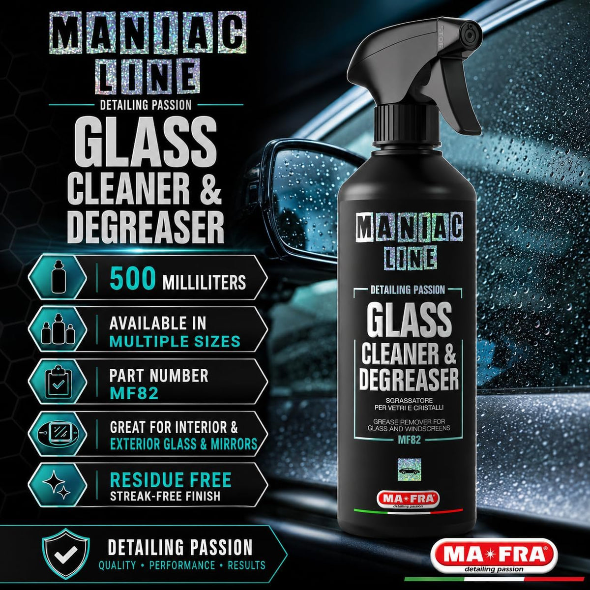 MANIAC LINE MAFRA Glass Cleaner & Degreaser | Ammonia-Free Window & Crystal Cleaner | Safe on Tinted Glass | Removes Limescale, Grease & Road Film | Streak-Free Finish | 16.9 Fluid Ounce Bottle