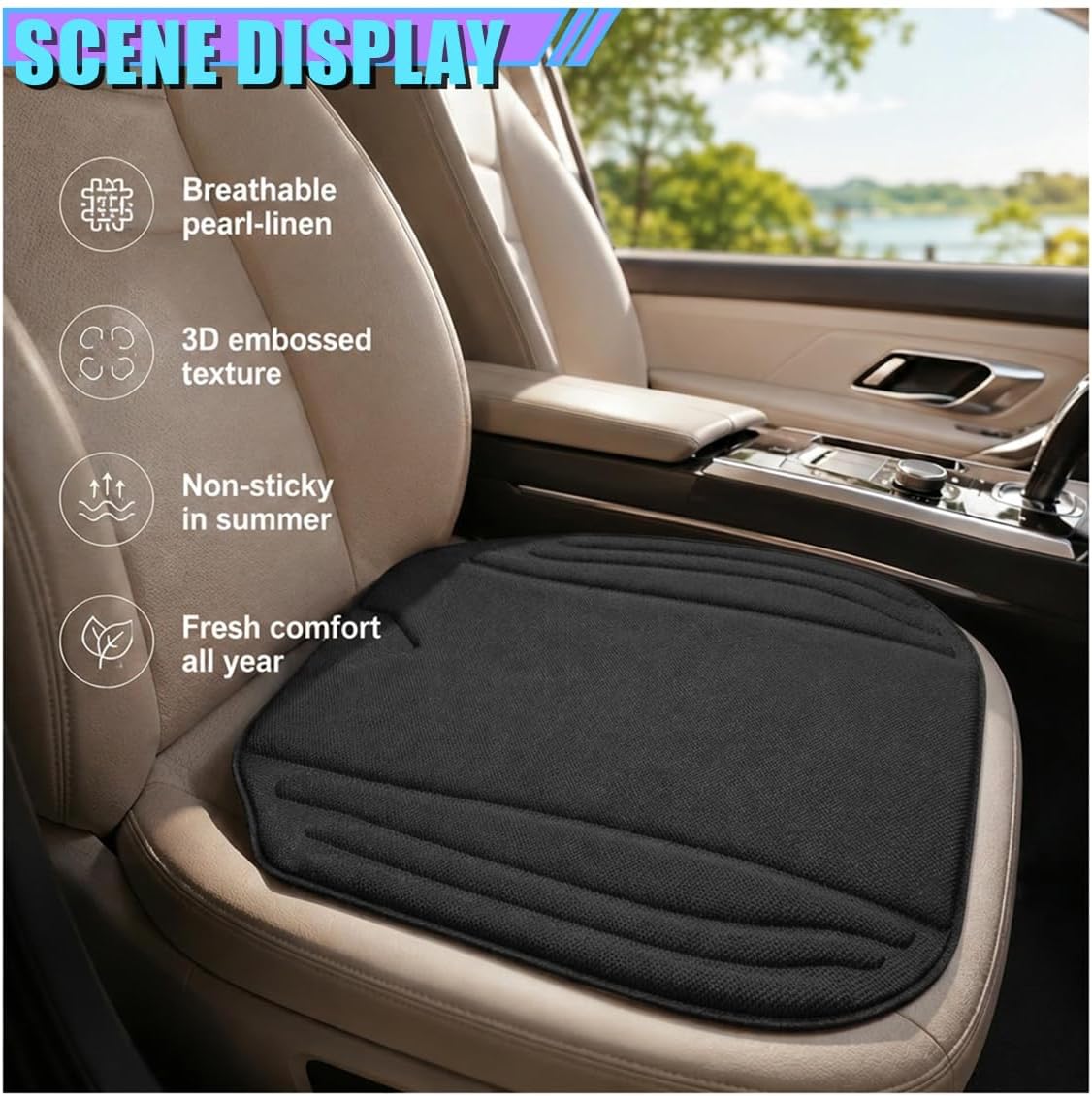 Car Seat Cushion Pad, Comfort Breathable Automotive Seat Protector with Non Slip Bottom, Universal Vehicle Interior Pressure Relief Mat for Car, Office, Home (Black)