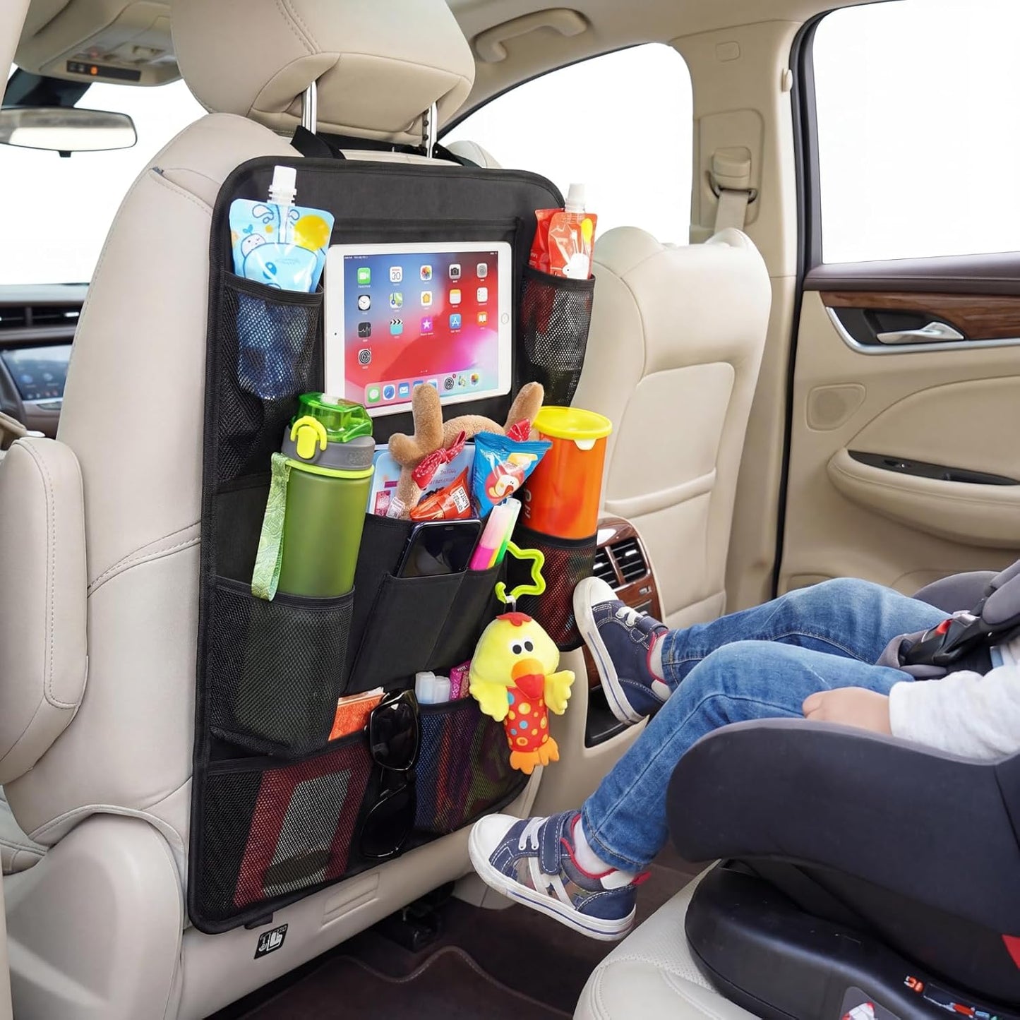 Car Backseat Organizer with 10" Tablet Holder, Seat Back Protectors Kick Mats for Kids Toddlers, Large Storage Pockets Travel Accessories for SUV Minivan Airplan 2 Pack