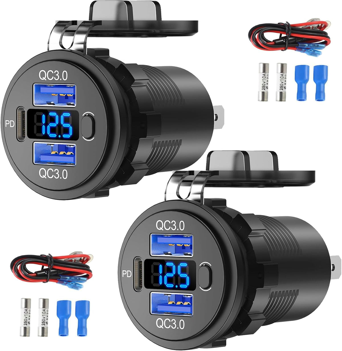 12V USB C Outlet Marine USB Charging Port for Car, Dual Quick Charge 3.0 & PD 3.0 Car Charger Socket with Button Switch and Voltmeter, Cigarette Lighter Replacement DIY Kit for 12V/24V Vehicles