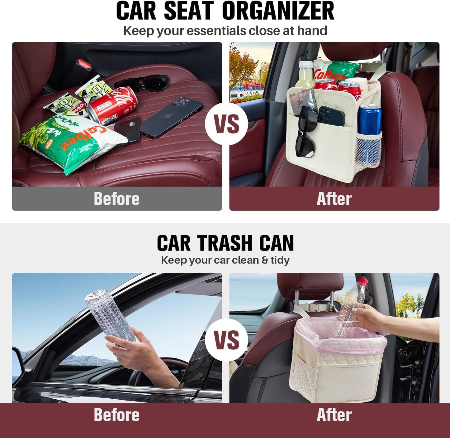 LXUNYI Back Seat Car Organizer, Large Car Seat Organizer with Cup Holders Multifunctional Over the Car Seat Organizer Backseat Hanging Leather Car Seat Organizers and Storage Bags(Beige 1Pack)
