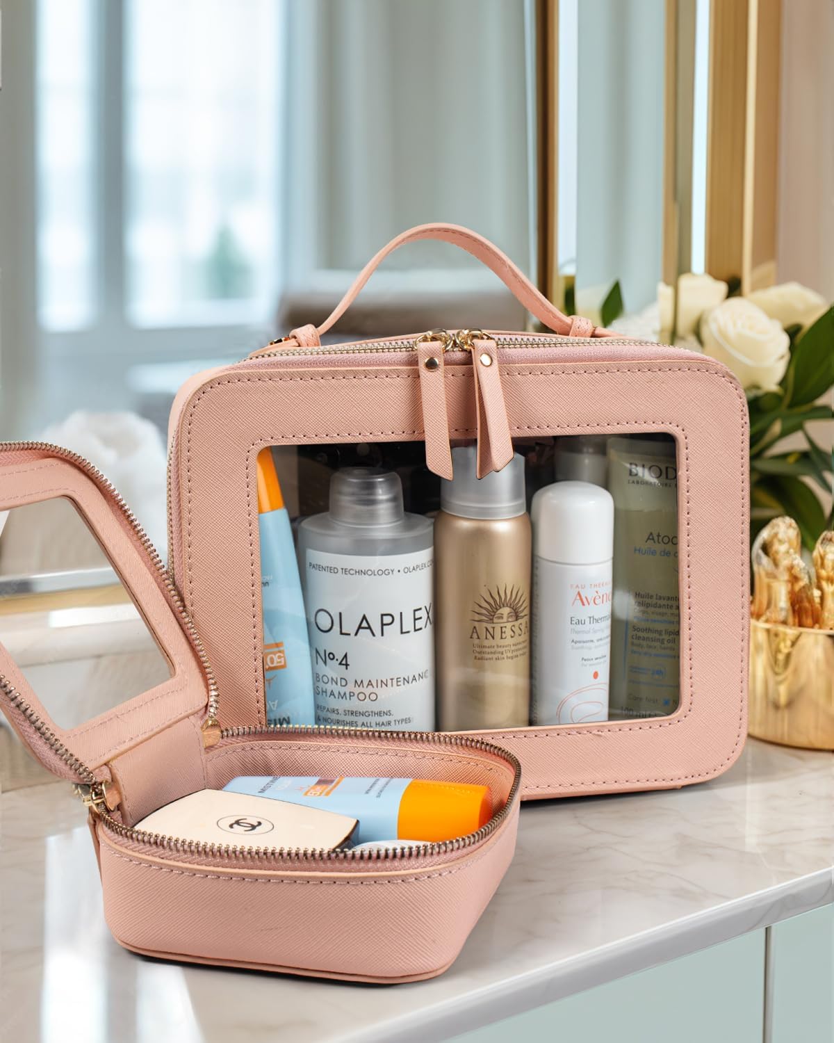 LETGO Clear Makeup Bag Mahjong Tile Bag with Zipper and Handle| Structured Large Travel Makeup Bag for Toiletries for Women,Travel Cosmetic Case,Waterproof PU Leather,Wide Opening