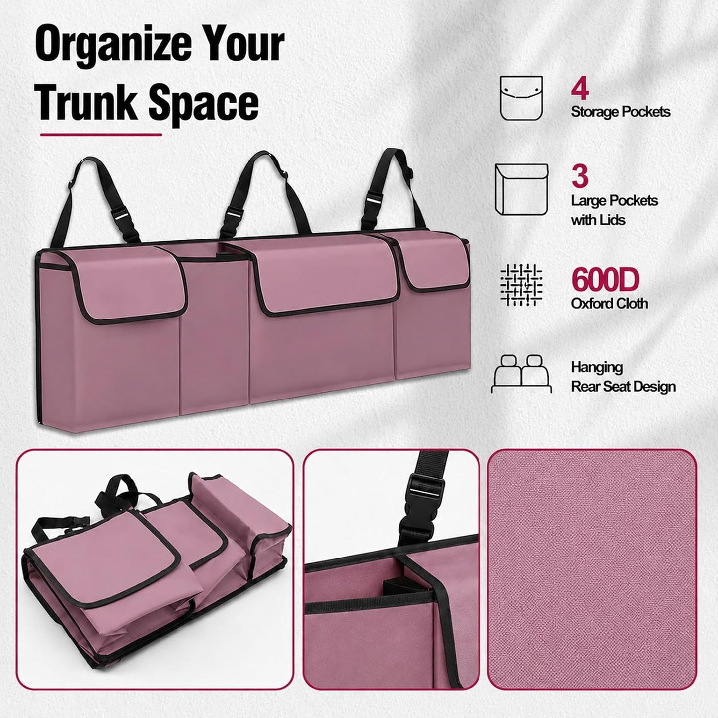 Car Trunk Organizer, Waterproof Backseat Hanging Large Storage with Adjustable Straps, Collapsible Cargo Bag with 4 Pockets, Sturdy Space Saver Frees Trunk Floor for SUV, Truck, MPV (Pink)