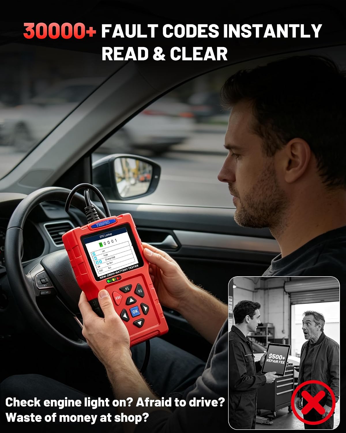 OBD2 Scanner and Battery Tester, 3-in-1 Car Code Reader with Cranking Test