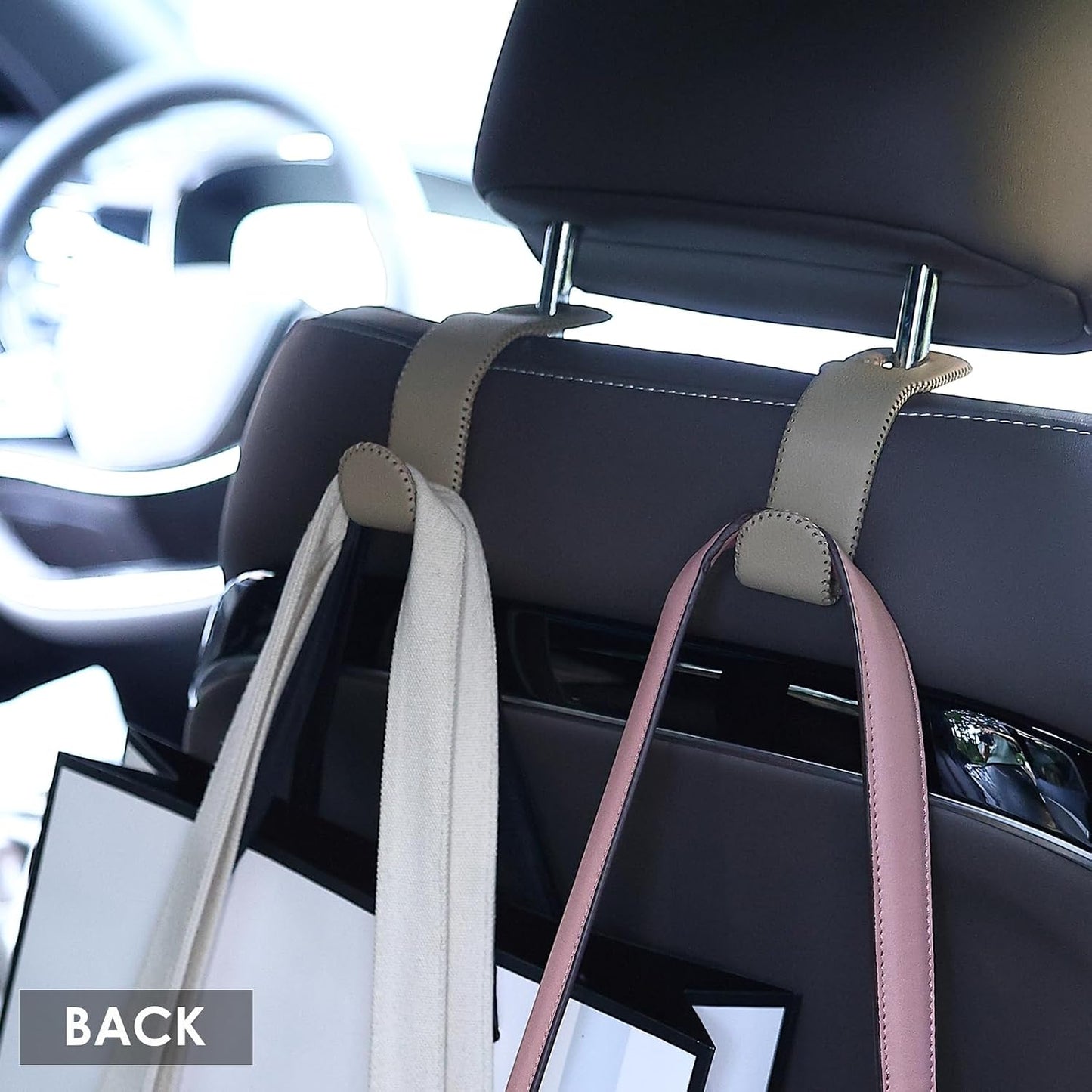 AMVOYOA Leather Car Hooks for Headrest - Fully Leather-Wrapped U-Shaped Purse Holder for Car, Flexible Seat Back Organizer & Durable Car Accessories for Purses, Bags, Coats & More (Beige, 2 Pack)