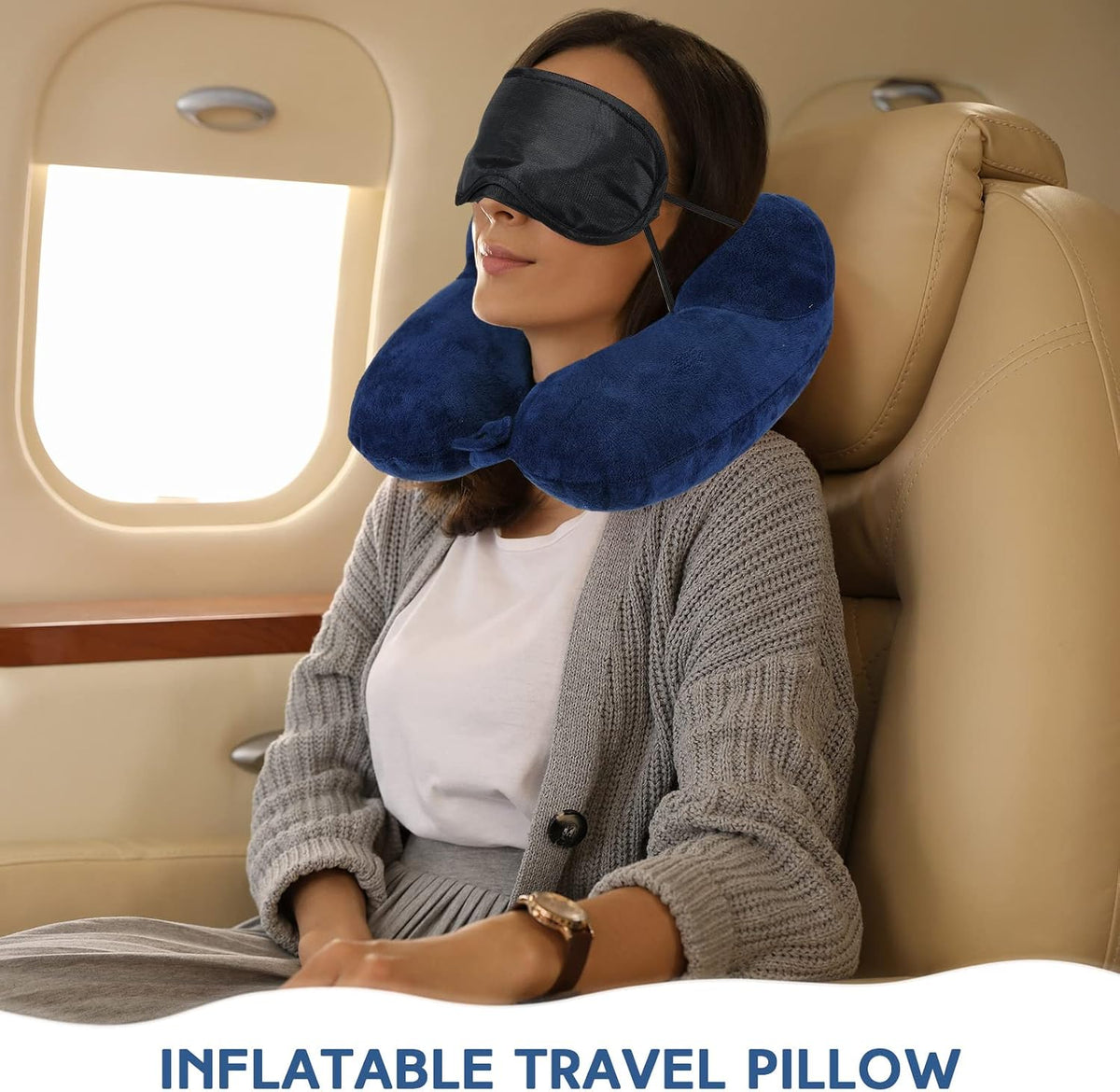 Sintuff 2 Pack Inflatable Travel Pillow for Airplanes Inflatable Neck Flight Pillows with Compact Bag and Blindfold for Traveling, Airplane, Train, Car, Office (Light Gray and Dark Blue)