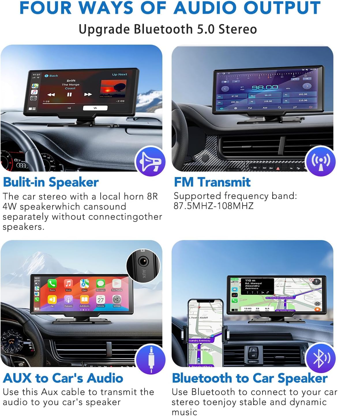 10.26" Portable Apple CarPlay Screen for Car, Wireless CarPlay & Android Auto Touch Screen, 4K Dash Cam, 1080P Backup Camera, Bluetooth 5.0, FM Transmitter, Mirror Link, Phone Navigation