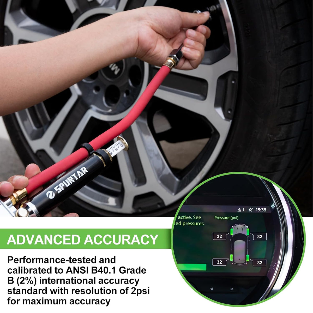 Spurtar 10-120 PSI Tire Pressure Gauge with Inflator Heavy Duty